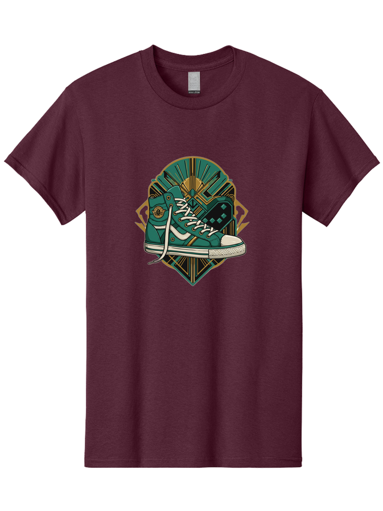 Teal-Sneakers Men'S Graphic Tee, 100% Cotton, Comfortable Casual Summer Wear, Machine Washable, Teal Sneakers, Art Deco Design, Gold Accents, White Laces, Stylish Footwear, Vintage Fashion, Retro Style, Classic Kicks, Fashion Statement Bab523