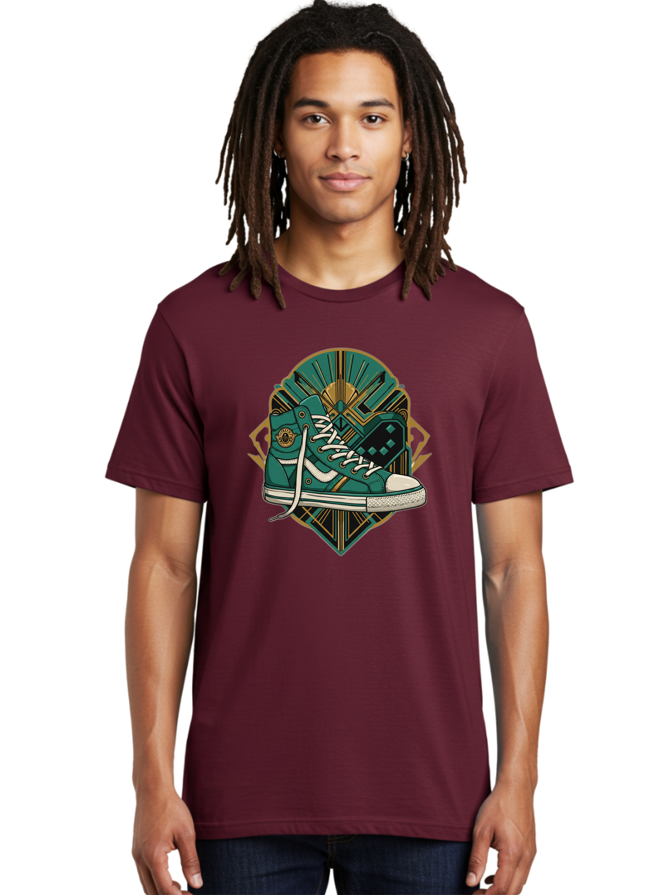 Teal-Sneakers Men'S Graphic Tee, 100% Cotton, Comfortable Casual Summer Wear, Machine Washable, Teal Sneakers, Art Deco Design, Gold Accents, White Laces, Stylish Footwear, Vintage Fashion, Retro Style, Classic Kicks, Fashion Statement Bab523