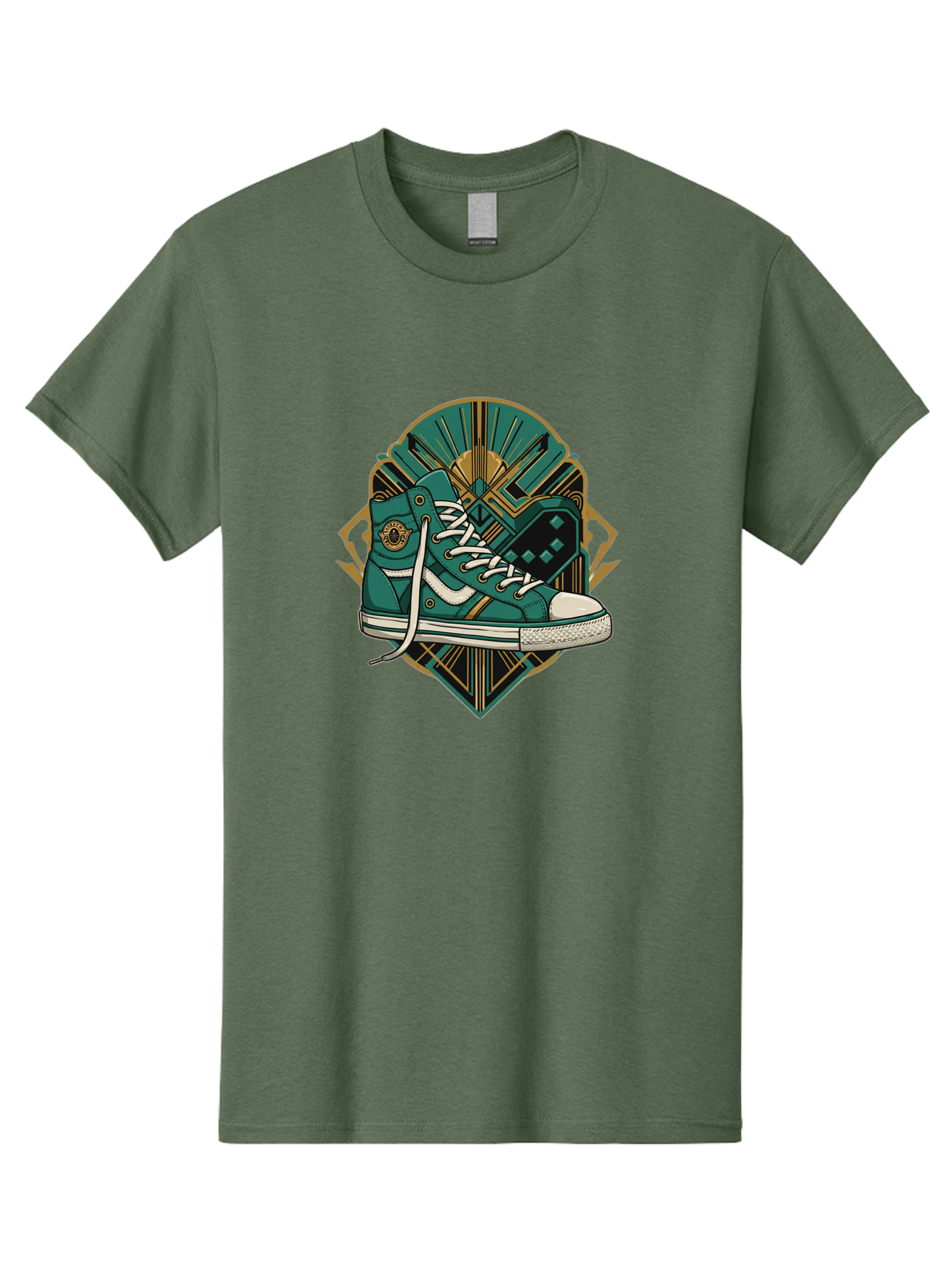 Teal-Sneakers Men'S Graphic Tee, 100% Cotton, Comfortable Casual Summer Wear, Machine Washable, Teal Sneakers, Art Deco Design, Gold Accents, White Laces, Stylish Footwear, Vintage Fashion, Retro Style, Classic Kicks, Fashion Statement Bab523