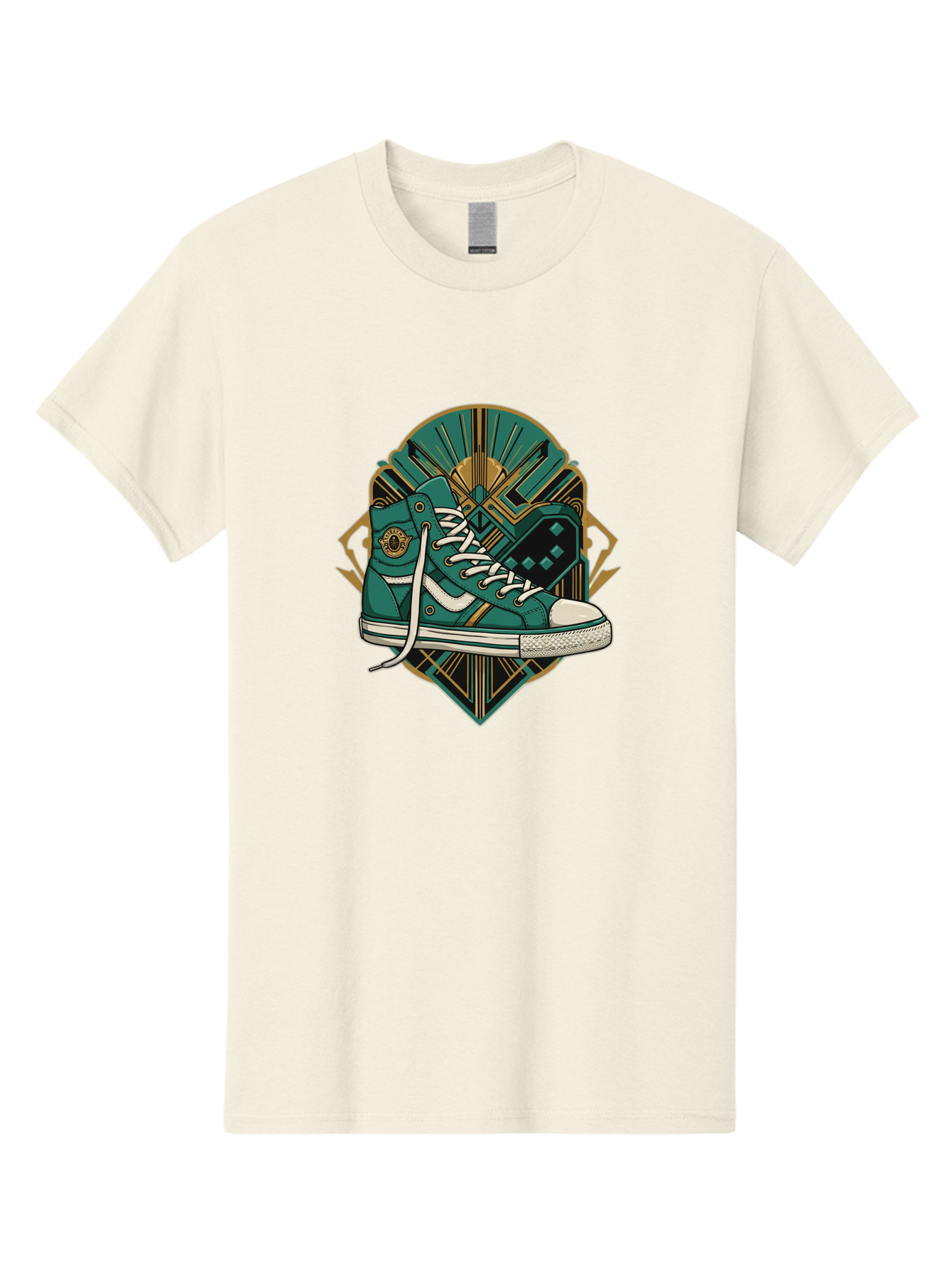Teal-Sneakers Men'S Graphic Tee, 100% Cotton, Comfortable Casual Summer Wear, Machine Washable, Teal Sneakers, Art Deco Design, Gold Accents, White Laces, Stylish Footwear, Vintage Fashion, Retro Style, Classic Kicks, Fashion Statement Bab523
