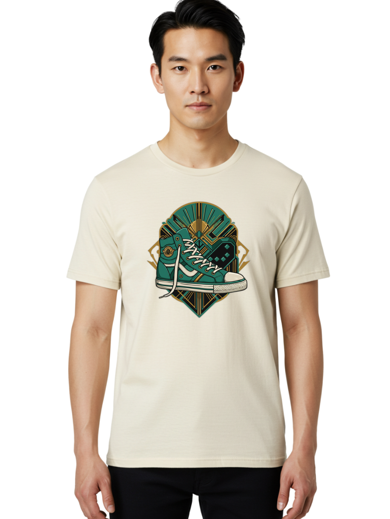 Teal-Sneakers Men'S Graphic Tee, 100% Cotton, Comfortable Casual Summer Wear, Machine Washable, Teal Sneakers, Art Deco Design, Gold Accents, White Laces, Stylish Footwear, Vintage Fashion, Retro Style, Classic Kicks, Fashion Statement Bab523