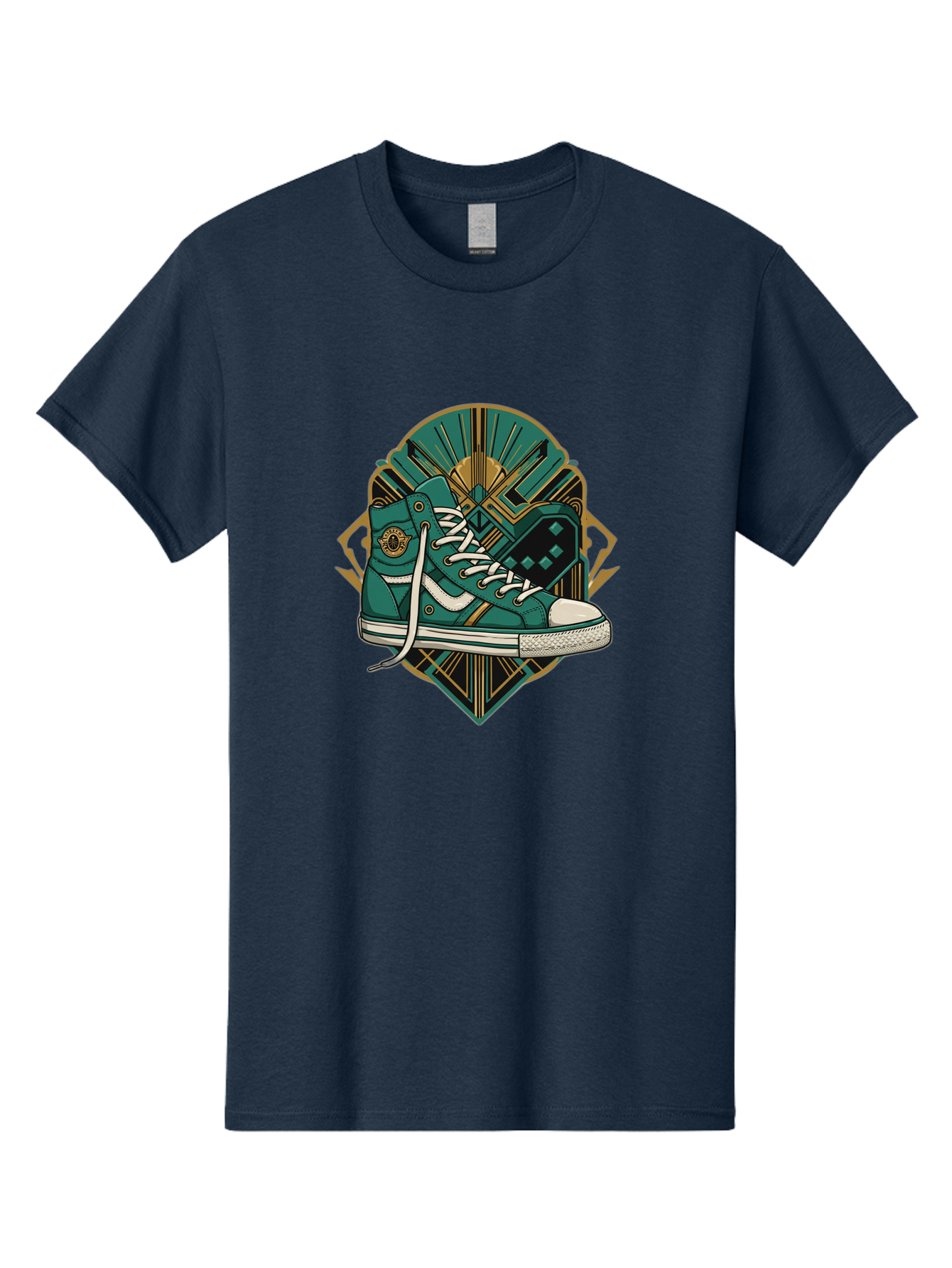 Teal-Sneakers Men'S Graphic Tee, 100% Cotton, Comfortable Casual Summer Wear, Machine Washable, Teal Sneakers, Art Deco Design, Gold Accents, White Laces, Stylish Footwear, Vintage Fashion, Retro Style, Classic Kicks, Fashion Statement Bab523