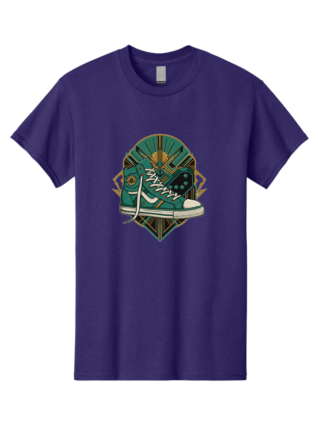 Teal-Sneakers Men'S Graphic Tee, 100% Cotton, Comfortable Casual Summer Wear, Machine Washable, Teal Sneakers, Art Deco Design, Gold Accents, White Laces, Stylish Footwear, Vintage Fashion, Retro Style, Classic Kicks, Fashion Statement Bab523