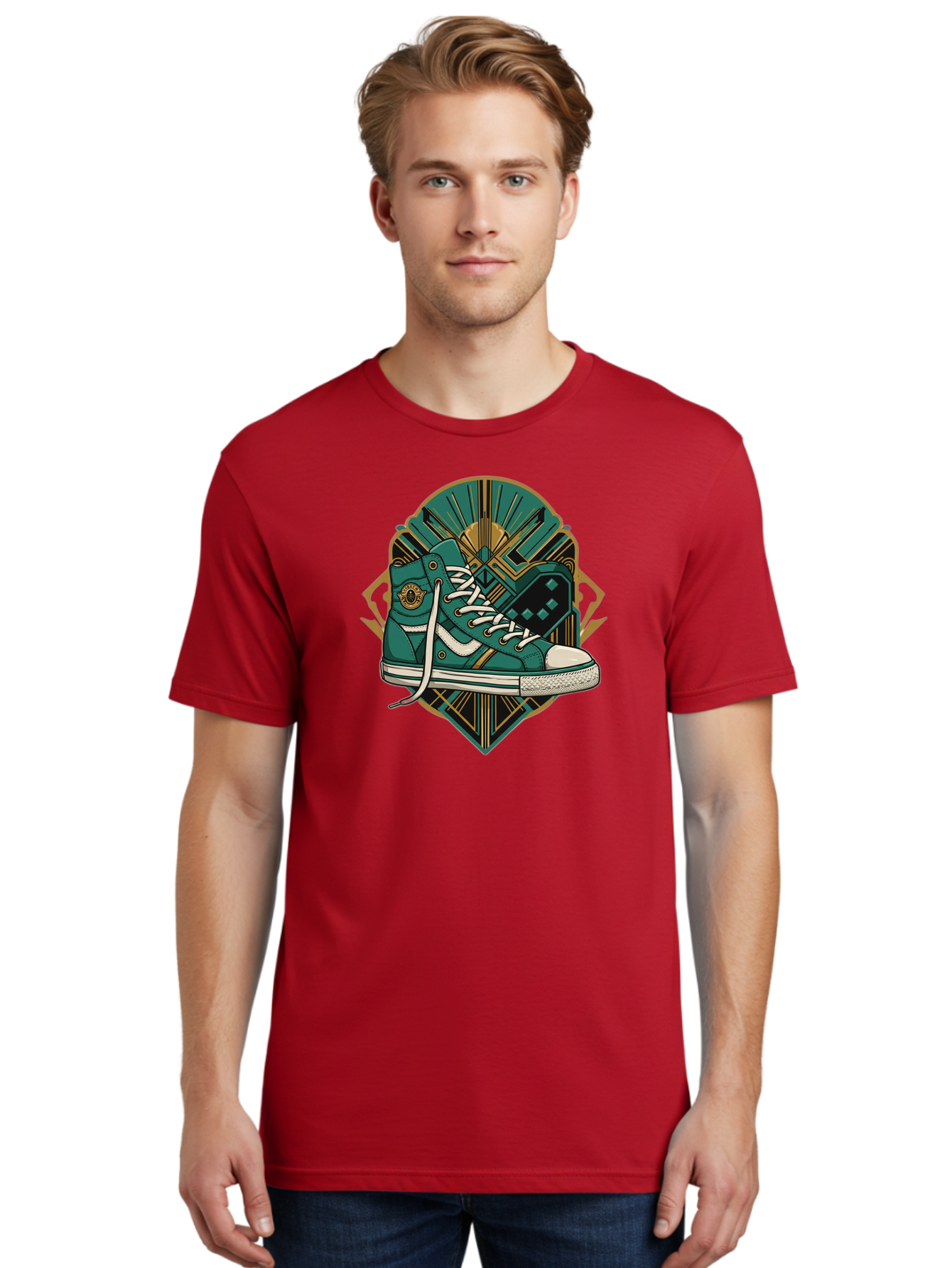 Teal-Sneakers Men'S Graphic Tee, 100% Cotton, Comfortable Casual Summer Wear, Machine Washable, Teal Sneakers, Art Deco Design, Gold Accents, White Laces, Stylish Footwear, Vintage Fashion, Retro Style, Classic Kicks, Fashion Statement Bab523