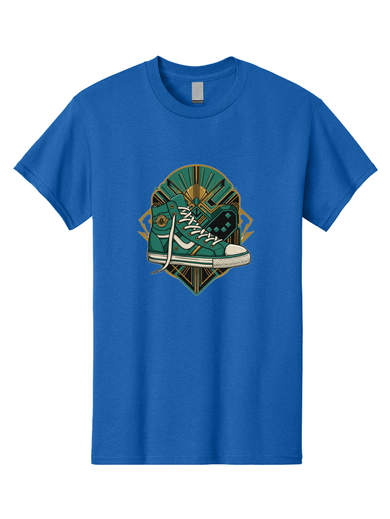 Teal-Sneakers Men'S Graphic Tee, 100% Cotton, Comfortable Casual Summer Wear, Machine Washable, Teal Sneakers, Art Deco Design, Gold Accents, White Laces, Stylish Footwear, Vintage Fashion, Retro Style, Classic Kicks, Fashion Statement Bab523