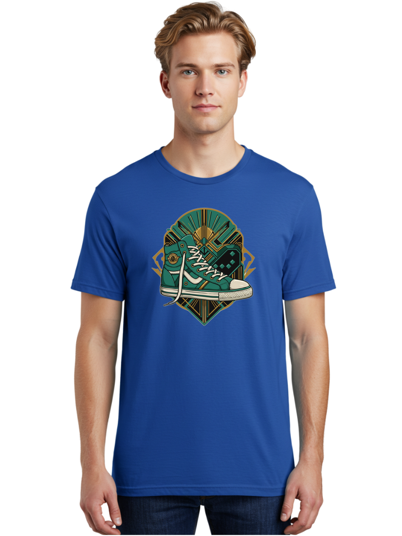 Teal-Sneakers Men'S Graphic Tee, 100% Cotton, Comfortable Casual Summer Wear, Machine Washable, Teal Sneakers, Art Deco Design, Gold Accents, White Laces, Stylish Footwear, Vintage Fashion, Retro Style, Classic Kicks, Fashion Statement Bab523
