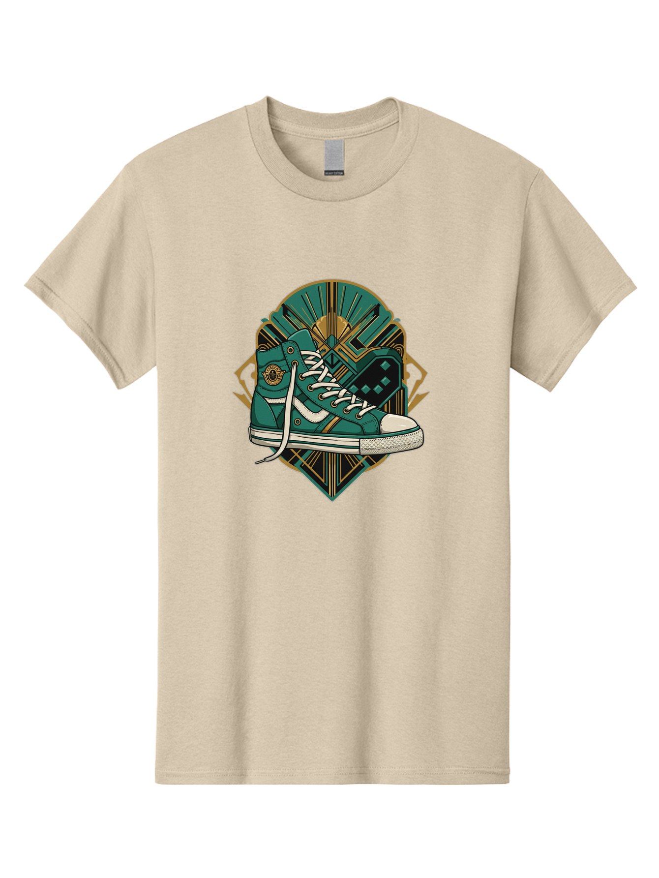 Teal-Sneakers Men'S Graphic Tee, 100% Cotton, Comfortable Casual Summer Wear, Machine Washable, Teal Sneakers, Art Deco Design, Gold Accents, White Laces, Stylish Footwear, Vintage Fashion, Retro Style, Classic Kicks, Fashion Statement Bab523