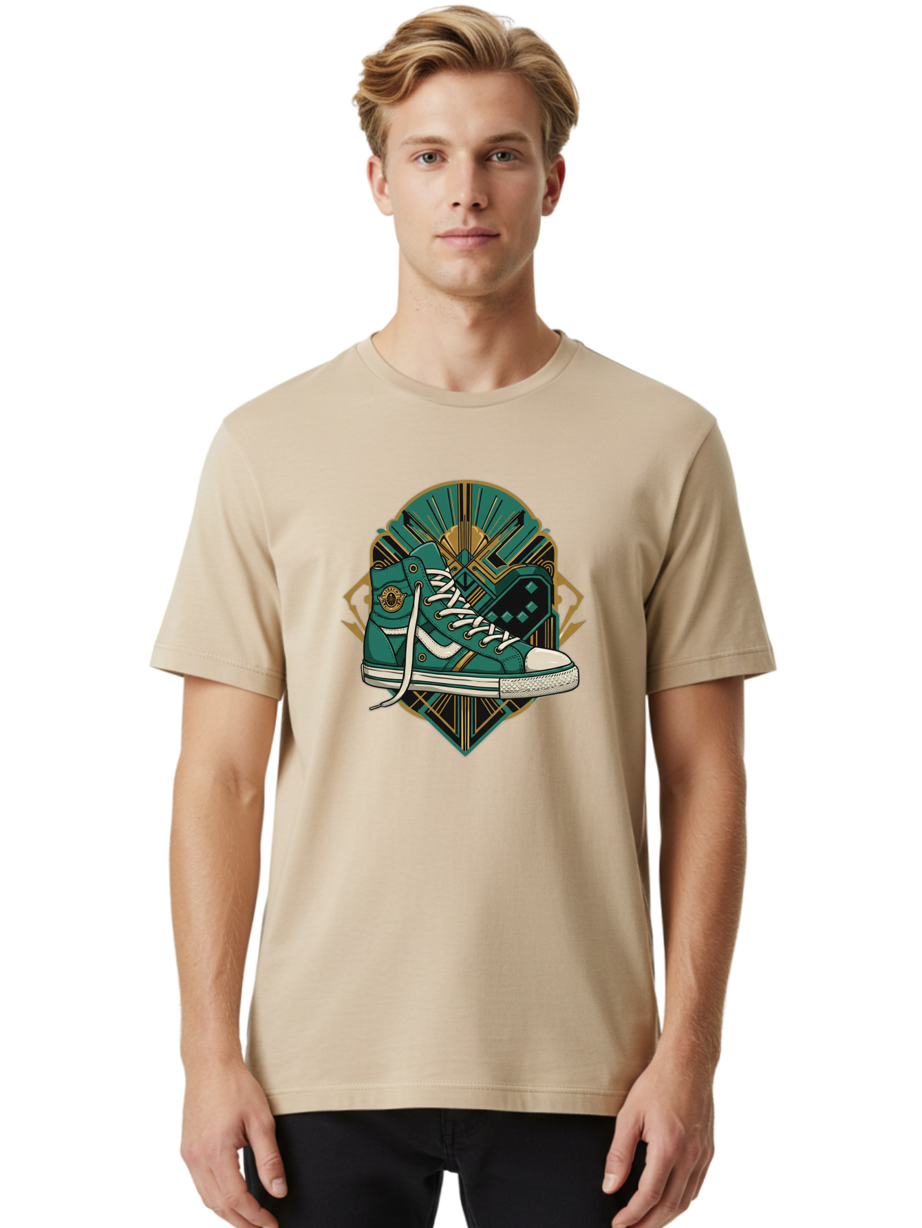 Teal-Sneakers Men'S Graphic Tee, 100% Cotton, Comfortable Casual Summer Wear, Machine Washable, Teal Sneakers, Art Deco Design, Gold Accents, White Laces, Stylish Footwear, Vintage Fashion, Retro Style, Classic Kicks, Fashion Statement Bab523