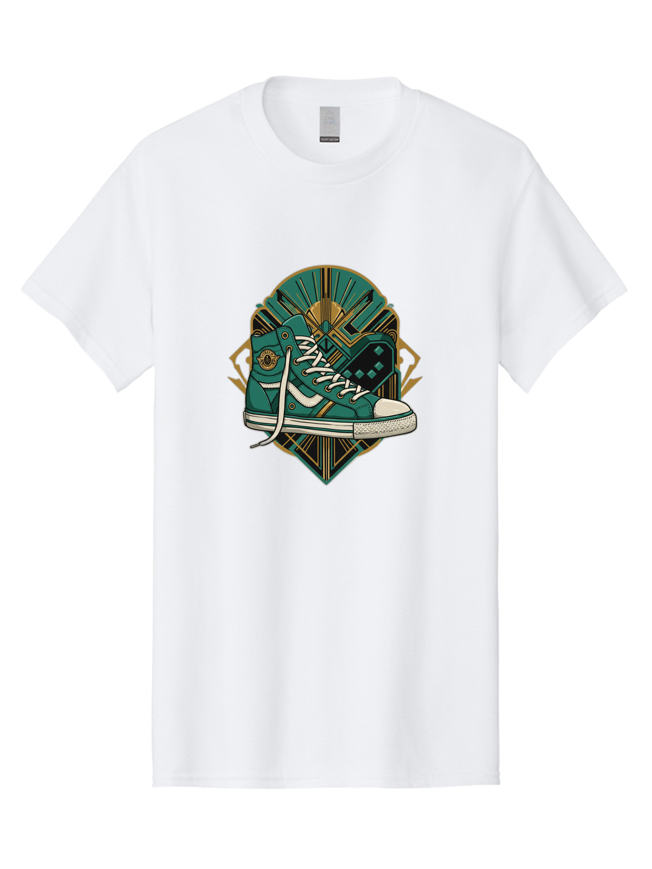 Teal-Sneakers Men'S Graphic Tee, 100% Cotton, Comfortable Casual Summer Wear, Machine Washable, Teal Sneakers, Art Deco Design, Gold Accents, White Laces, Stylish Footwear, Vintage Fashion, Retro Style, Classic Kicks, Fashion Statement Bab523