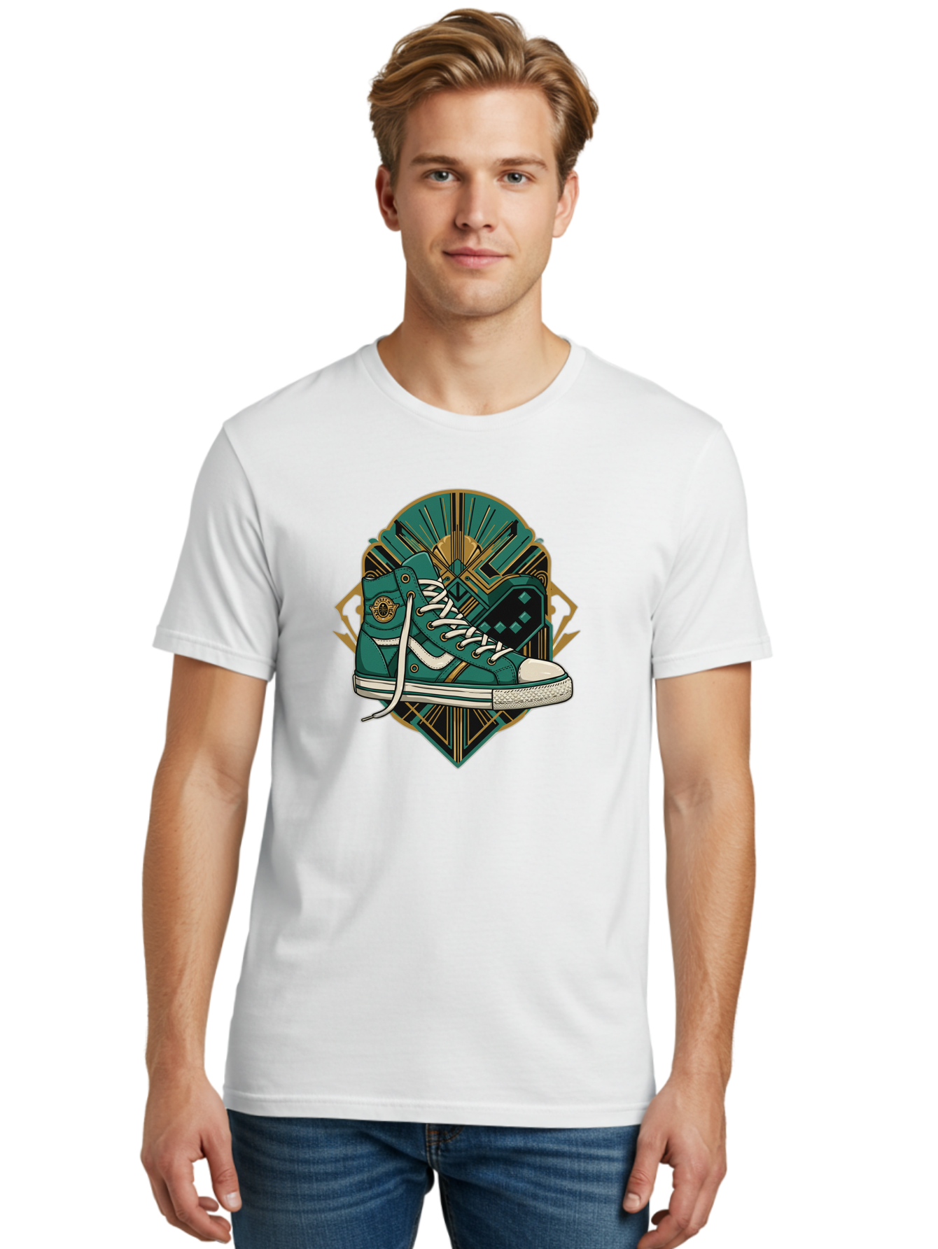 Teal-Sneakers Men'S Graphic Tee, 100% Cotton, Comfortable Casual Summer Wear, Machine Washable, Teal Sneakers, Art Deco Design, Gold Accents, White Laces, Stylish Footwear, Vintage Fashion, Retro Style, Classic Kicks, Fashion Statement Bab523