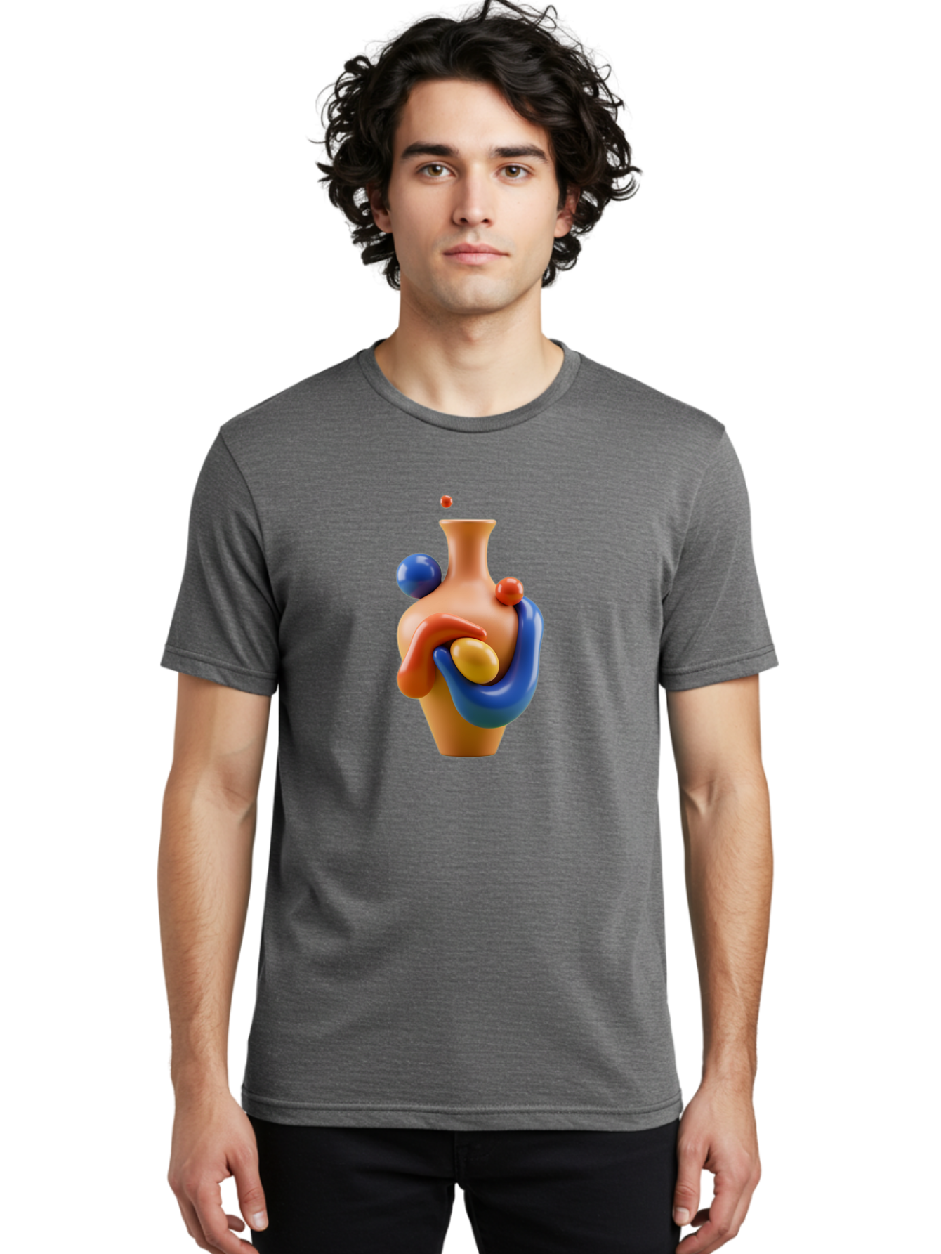Terracotta-Vase Men'S Graphic Tee, 100% Cotton, Comfortable Casual Summer Wear, Machine Washable, 3D Illustration, Abstract Art, Colorful Vase, Flowing Shapes, Creative Design, Modern Decoration, Artistic Expression, Unique Sculpture Bab527