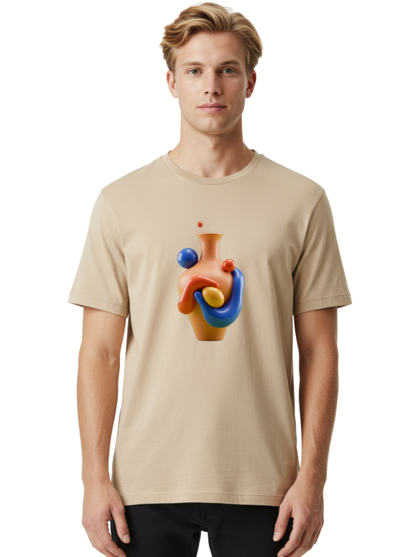 Terracotta-Vase Men'S Graphic Tee, 100% Cotton, Comfortable Casual Summer Wear, Machine Washable, 3D Illustration, Abstract Art, Colorful Vase, Flowing Shapes, Creative Design, Modern Decoration, Artistic Expression, Unique Sculpture Bab527