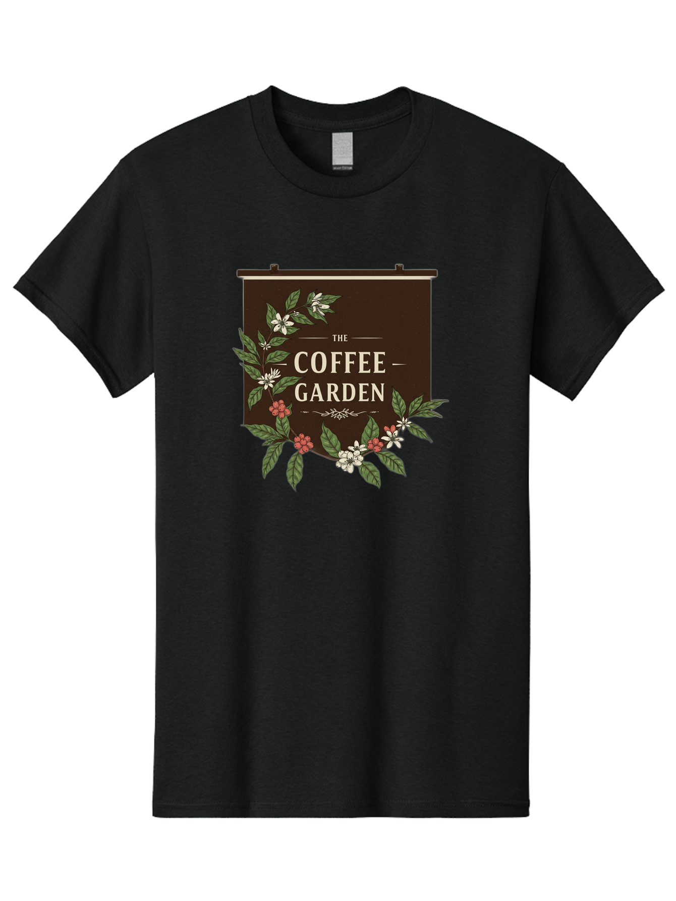The-Coffee-Garden Men'S Graphic Tee, 100% Cotton, Comfortable Casual Summer Wear, Machine Washable, Coffee Shop Signage, Floral Designs, Vintage Typography, Coffee Culture, Garden Theme, Rustic Charm, Coffeehouse Decor, Inviting Atmosphere, Bab529