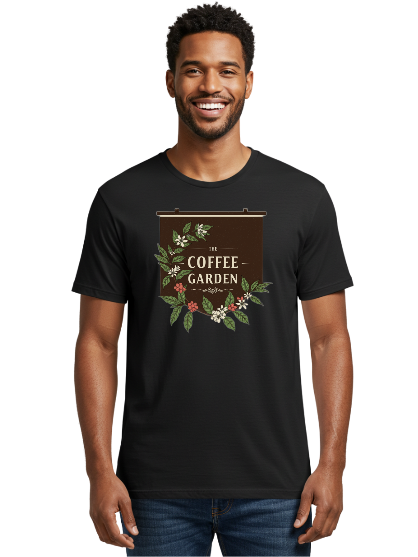 The-Coffee-Garden Men'S Graphic Tee, 100% Cotton, Comfortable Casual Summer Wear, Machine Washable, Coffee Shop Signage, Floral Designs, Vintage Typography, Coffee Culture, Garden Theme, Rustic Charm, Coffeehouse Decor, Inviting Atmosphere, Bab529