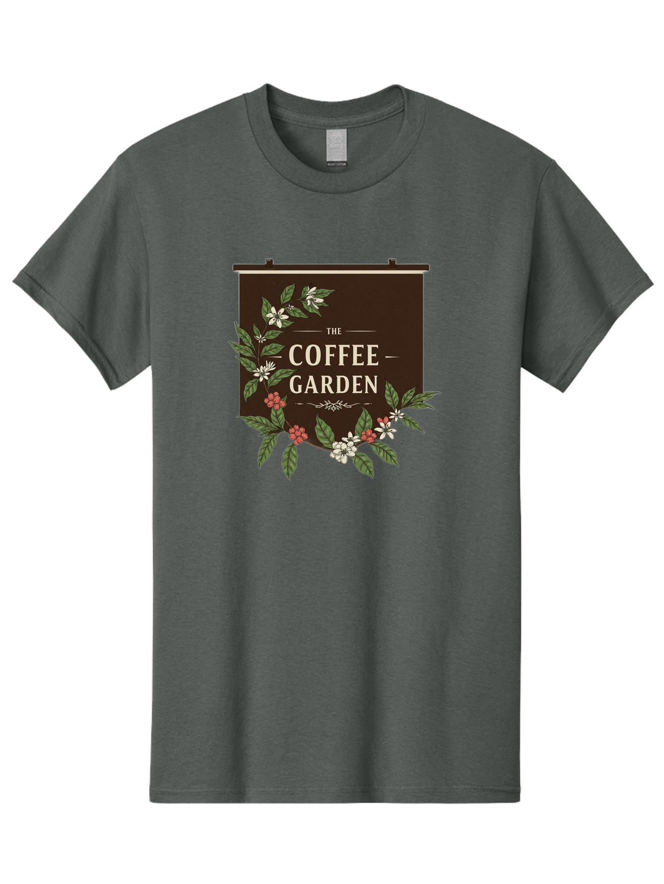 The-Coffee-Garden Men'S Graphic Tee, 100% Cotton, Comfortable Casual Summer Wear, Machine Washable, Coffee Shop Signage, Floral Designs, Vintage Typography, Coffee Culture, Garden Theme, Rustic Charm, Coffeehouse Decor, Inviting Atmosphere, Bab529