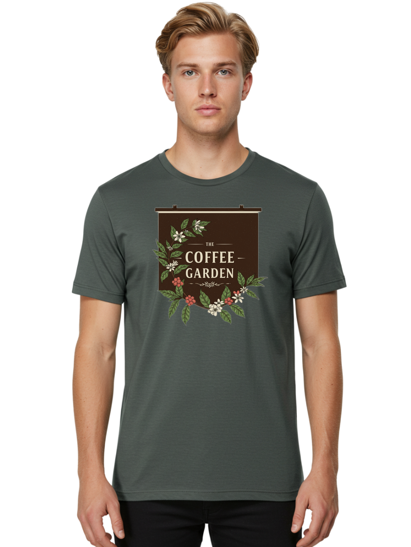 The-Coffee-Garden Men'S Graphic Tee, 100% Cotton, Comfortable Casual Summer Wear, Machine Washable, Coffee Shop Signage, Floral Designs, Vintage Typography, Coffee Culture, Garden Theme, Rustic Charm, Coffeehouse Decor, Inviting Atmosphere, Bab529