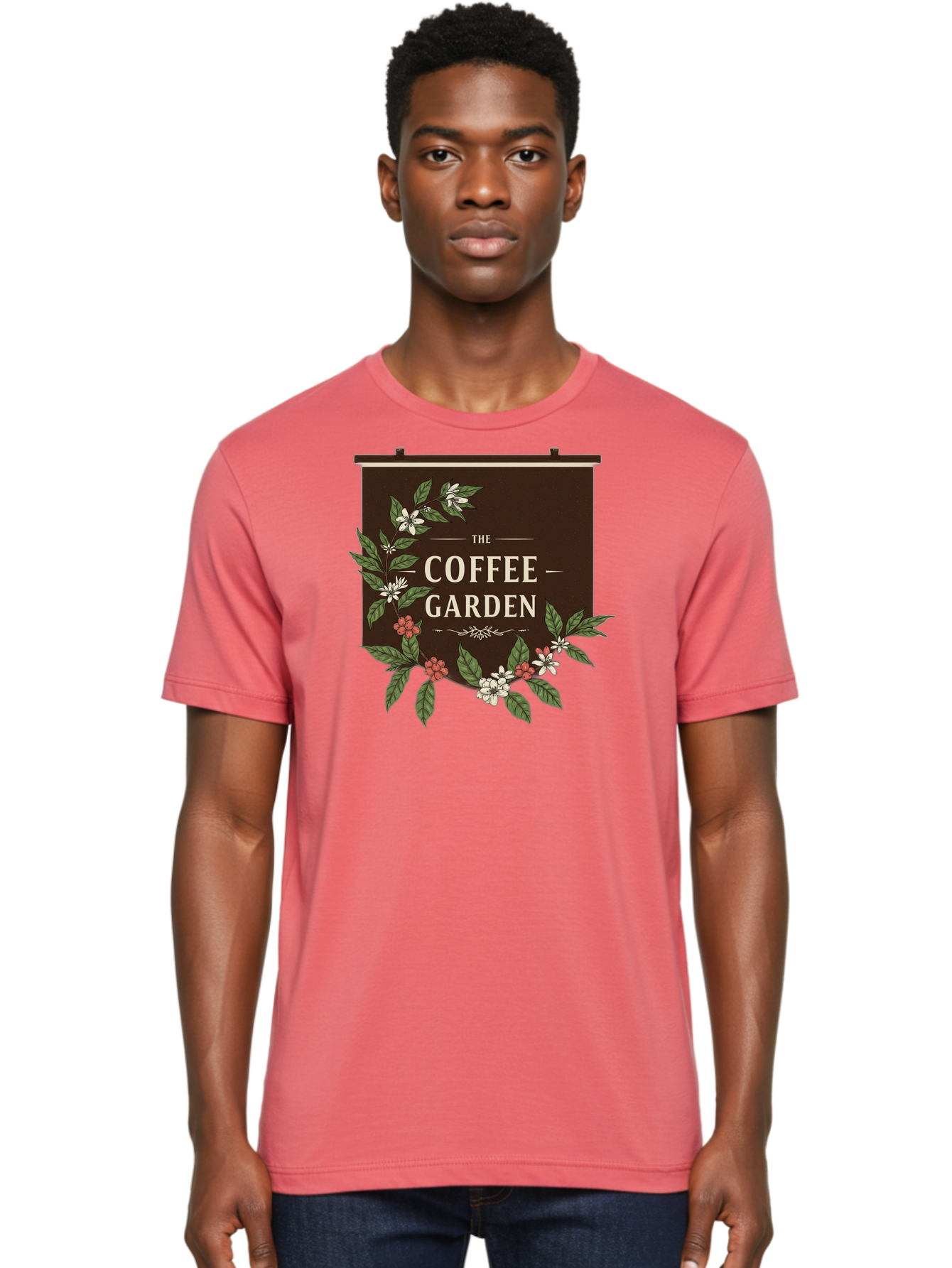 The-Coffee-Garden Men'S Graphic Tee, 100% Cotton, Comfortable Casual Summer Wear, Machine Washable, Coffee Shop Signage, Floral Designs, Vintage Typography, Coffee Culture, Garden Theme, Rustic Charm, Coffeehouse Decor, Inviting Atmosphere, Bab529