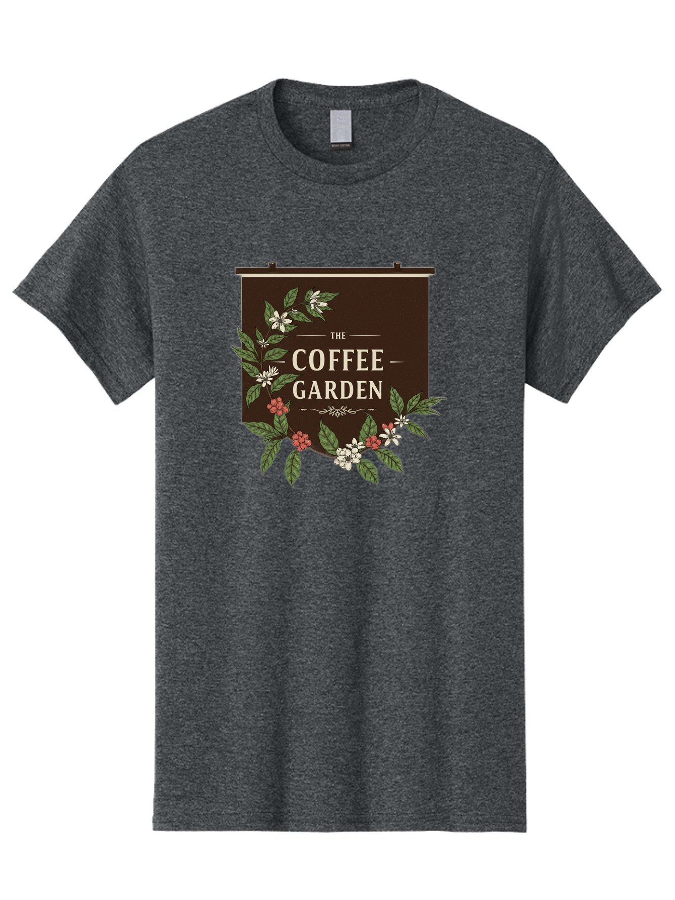 The-Coffee-Garden Men'S Graphic Tee, 100% Cotton, Comfortable Casual Summer Wear, Machine Washable, Coffee Shop Signage, Floral Designs, Vintage Typography, Coffee Culture, Garden Theme, Rustic Charm, Coffeehouse Decor, Inviting Atmosphere, Bab529
