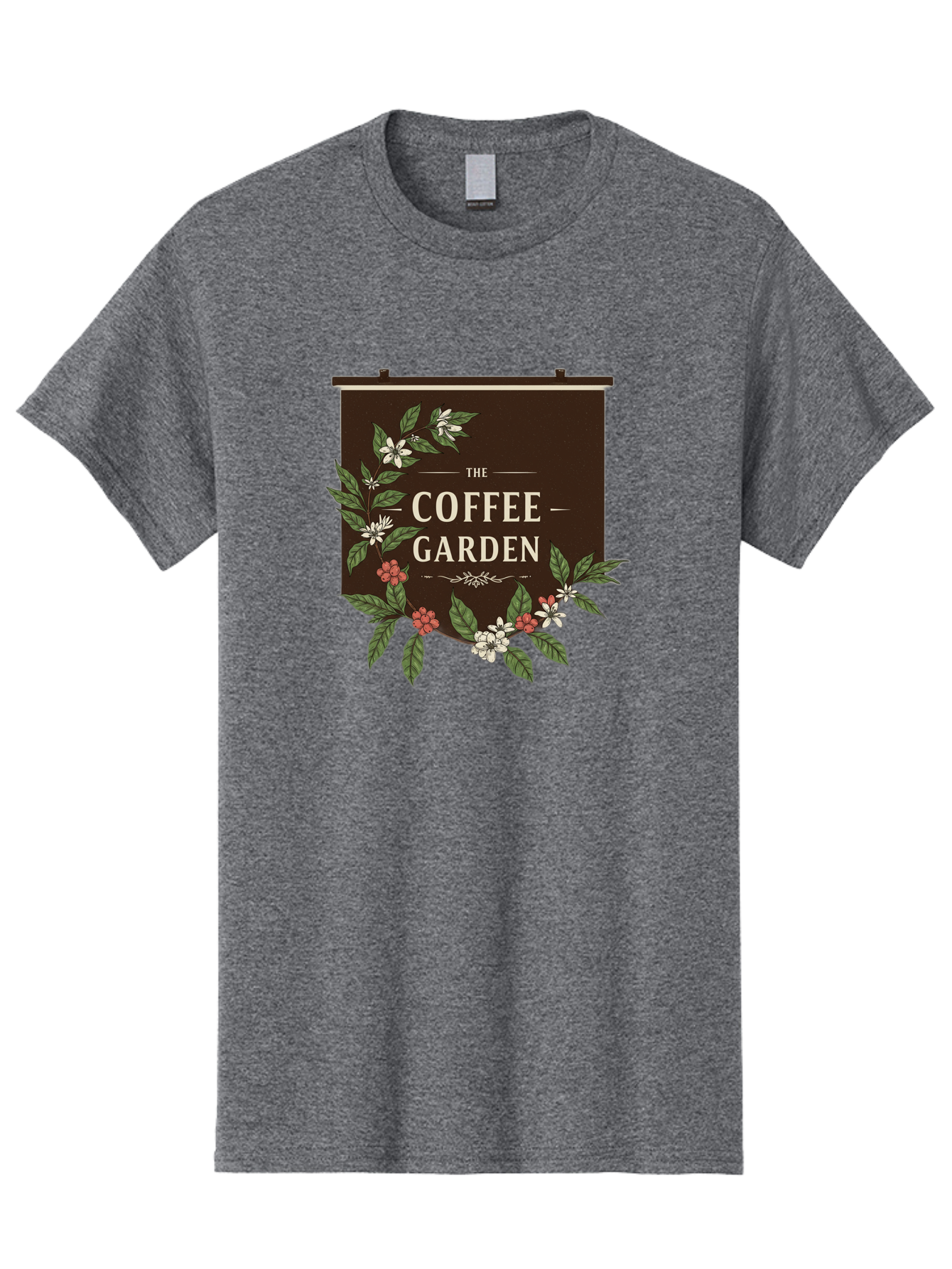 The-Coffee-Garden Men'S Graphic Tee, 100% Cotton, Comfortable Casual Summer Wear, Machine Washable, Coffee Shop Signage, Floral Designs, Vintage Typography, Coffee Culture, Garden Theme, Rustic Charm, Coffeehouse Decor, Inviting Atmosphere, Bab529