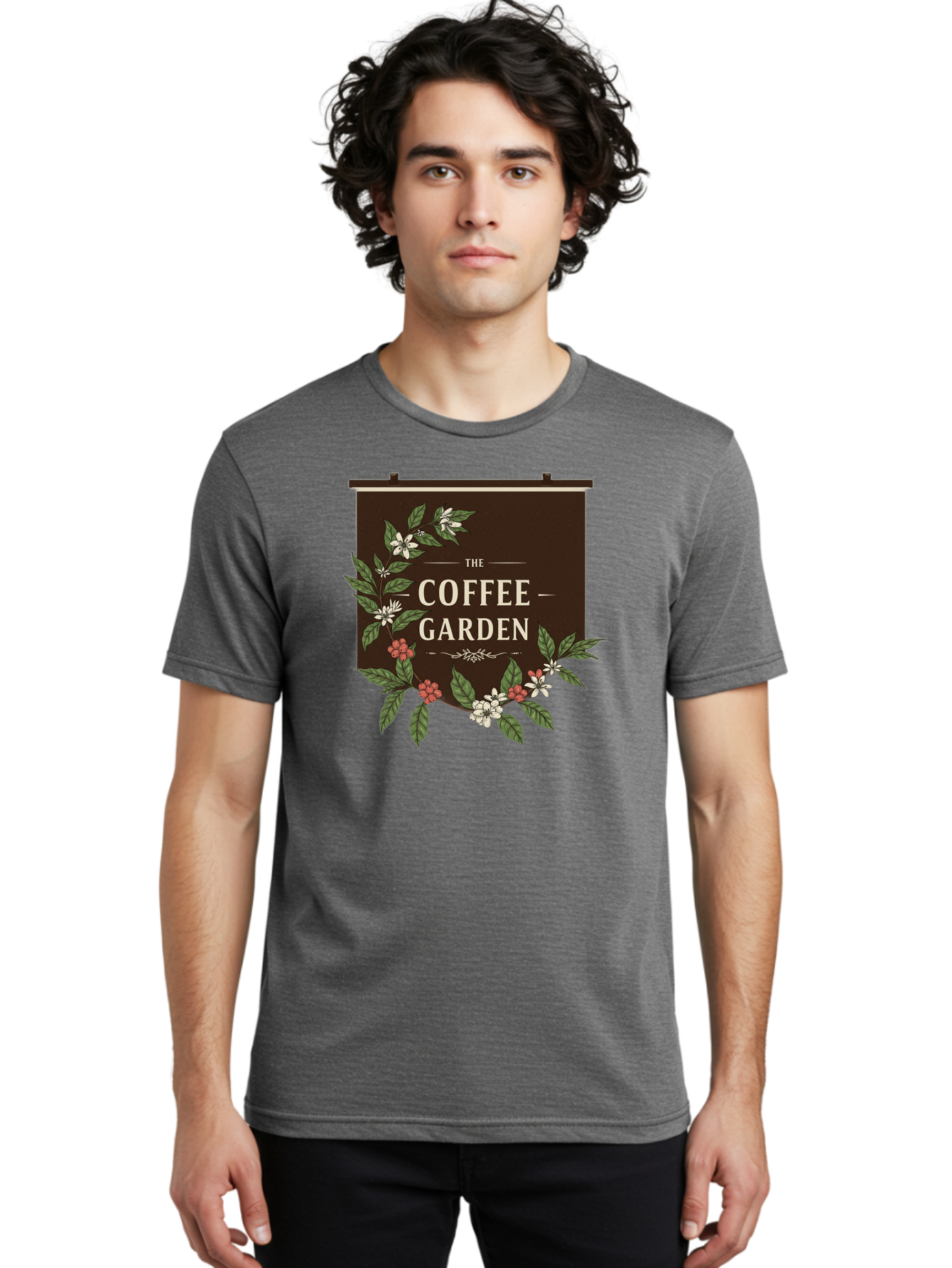 The-Coffee-Garden Men'S Graphic Tee, 100% Cotton, Comfortable Casual Summer Wear, Machine Washable, Coffee Shop Signage, Floral Designs, Vintage Typography, Coffee Culture, Garden Theme, Rustic Charm, Coffeehouse Decor, Inviting Atmosphere, Bab529