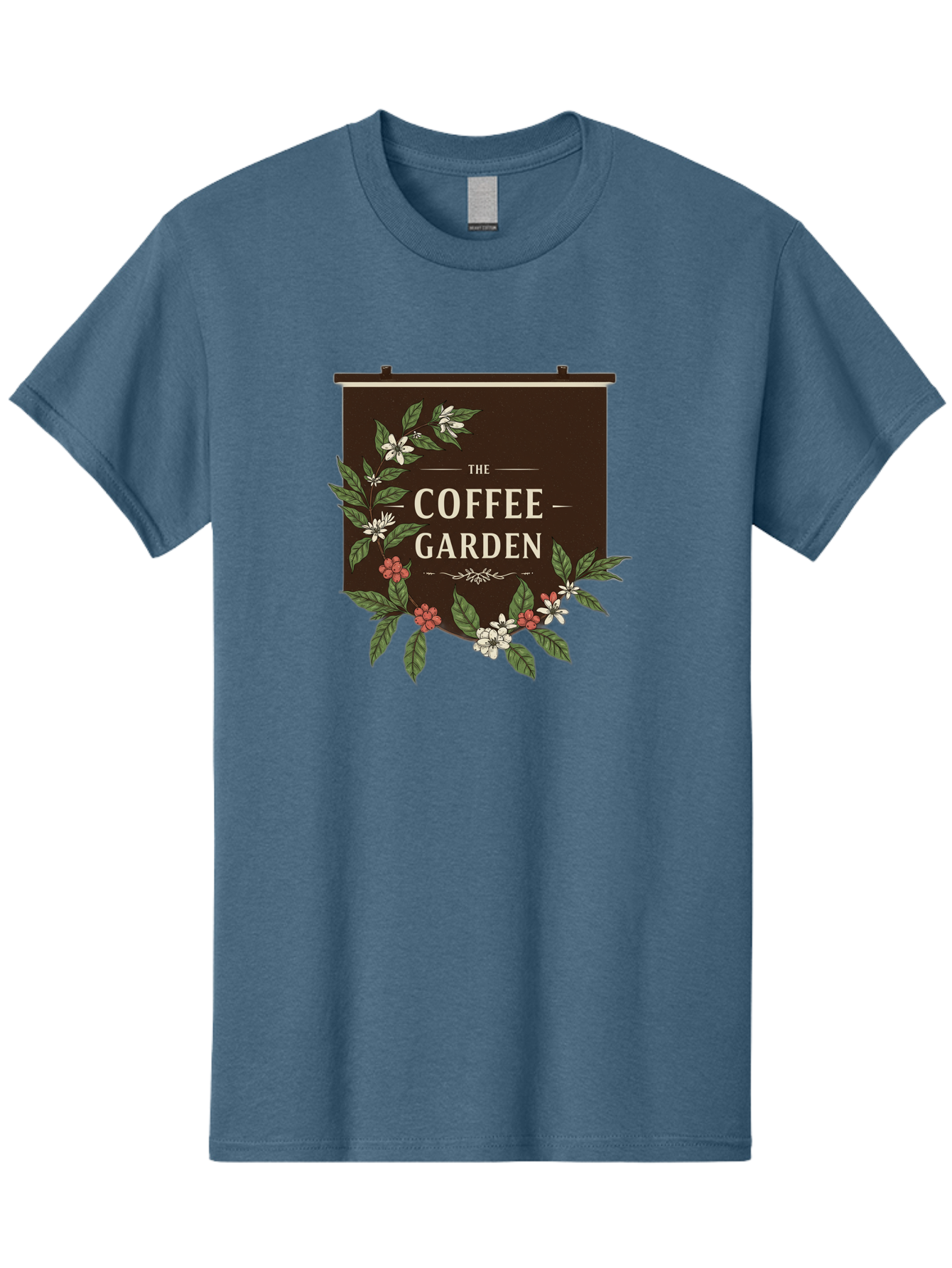 The-Coffee-Garden Men'S Graphic Tee, 100% Cotton, Comfortable Casual Summer Wear, Machine Washable, Coffee Shop Signage, Floral Designs, Vintage Typography, Coffee Culture, Garden Theme, Rustic Charm, Coffeehouse Decor, Inviting Atmosphere, Bab529