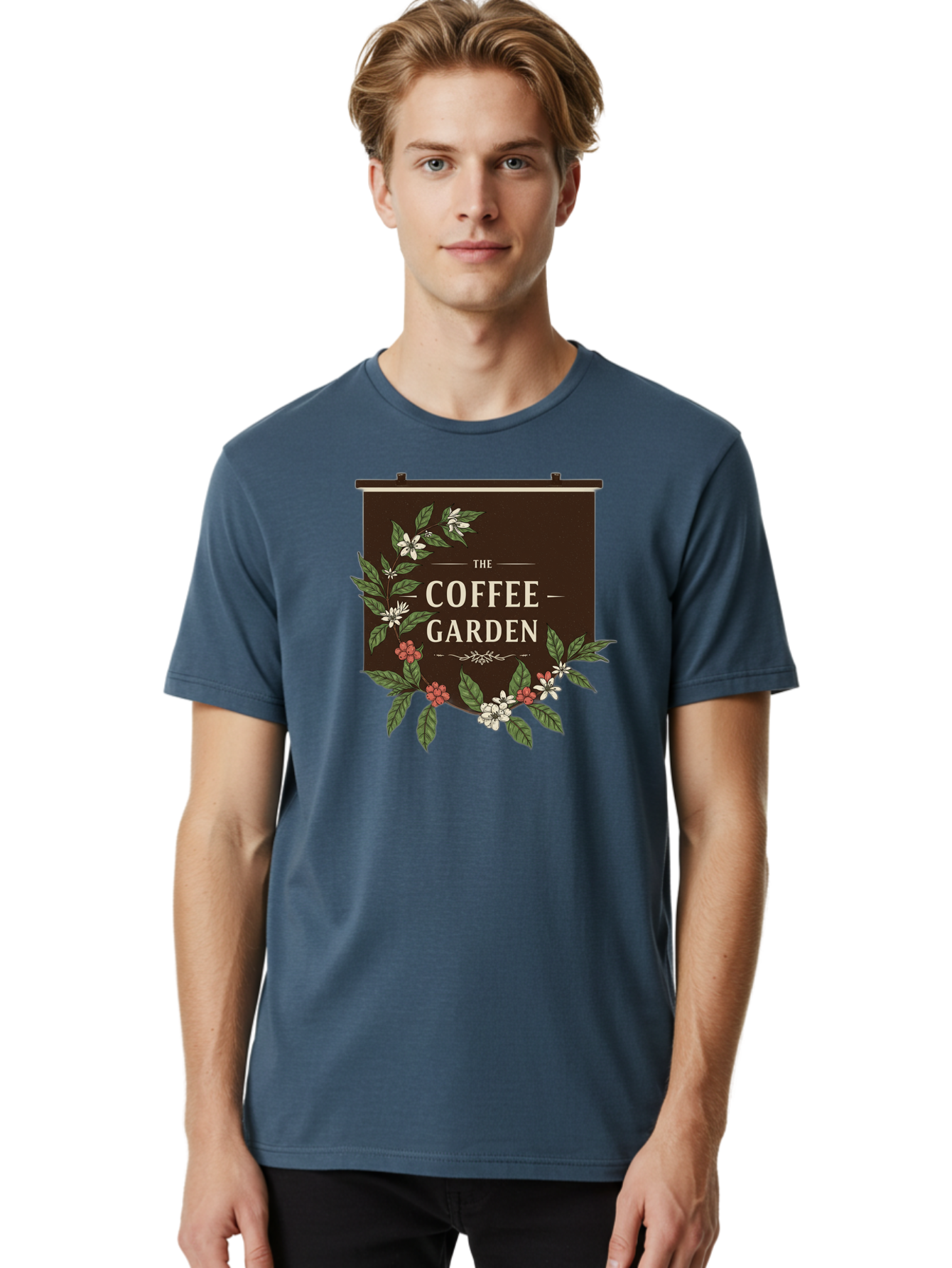 The-Coffee-Garden Men'S Graphic Tee, 100% Cotton, Comfortable Casual Summer Wear, Machine Washable, Coffee Shop Signage, Floral Designs, Vintage Typography, Coffee Culture, Garden Theme, Rustic Charm, Coffeehouse Decor, Inviting Atmosphere, Bab529