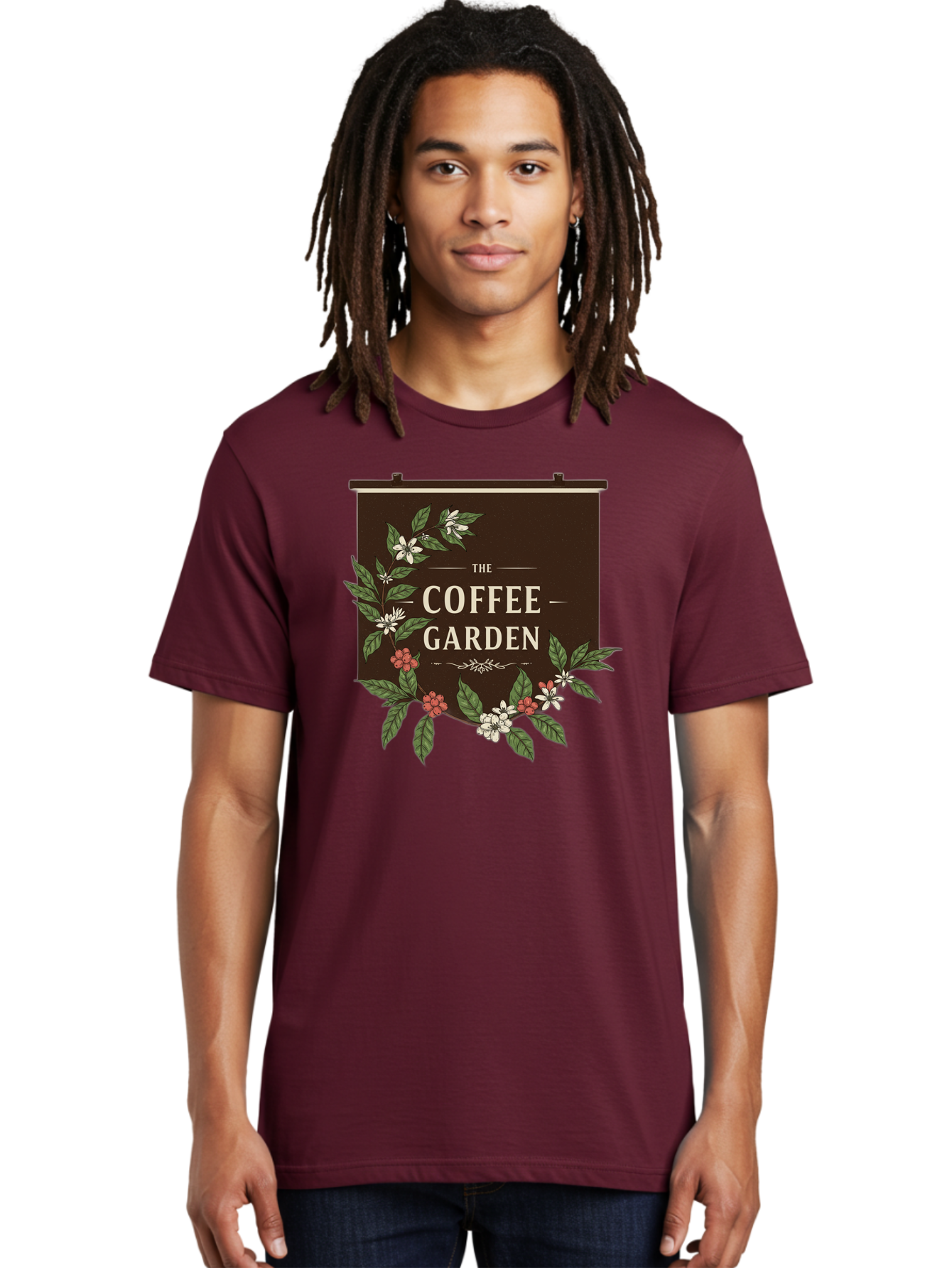 The-Coffee-Garden Men'S Graphic Tee, 100% Cotton, Comfortable Casual Summer Wear, Machine Washable, Coffee Shop Signage, Floral Designs, Vintage Typography, Coffee Culture, Garden Theme, Rustic Charm, Coffeehouse Decor, Inviting Atmosphere, Bab529