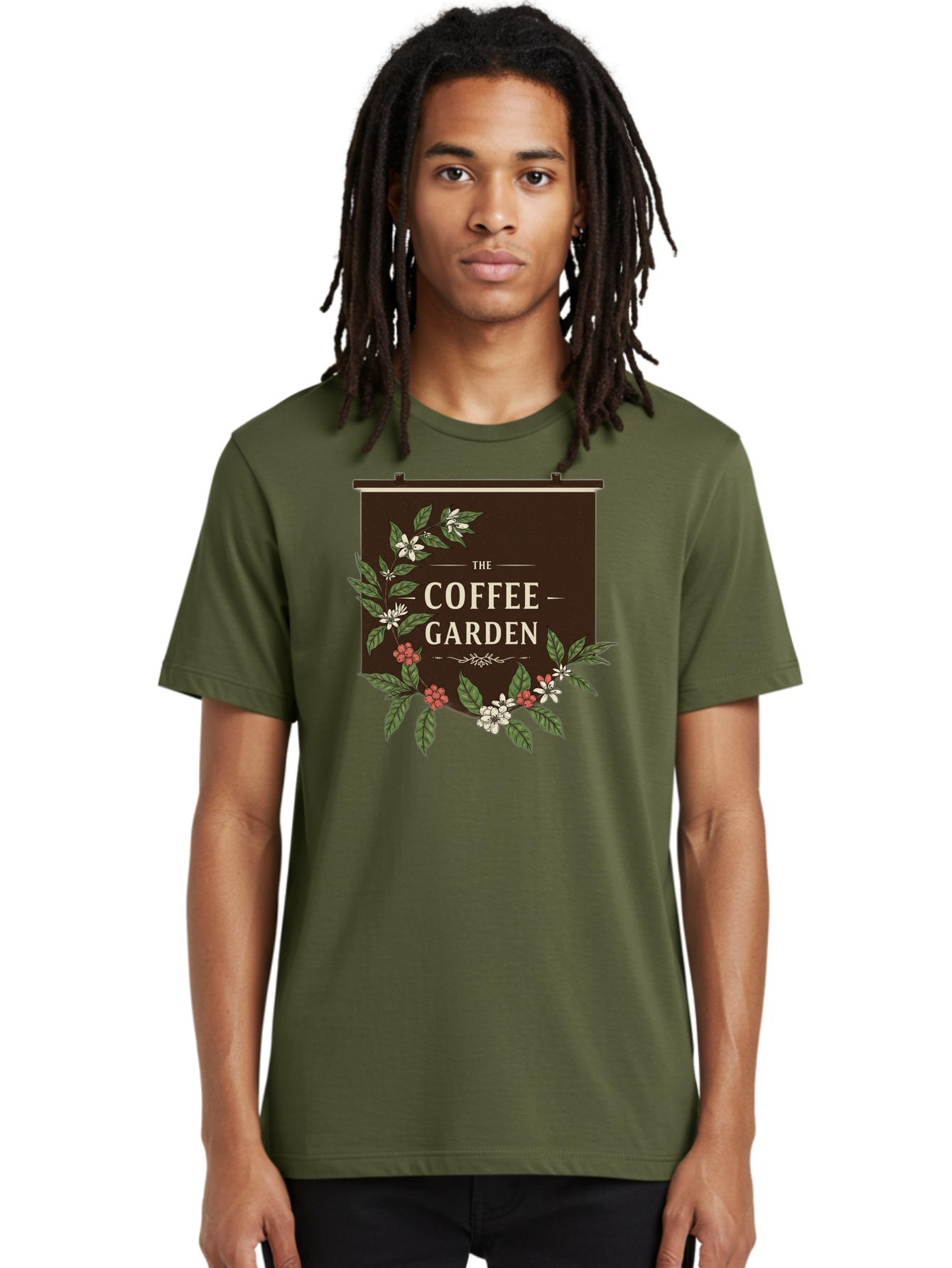 The-Coffee-Garden Men'S Graphic Tee, 100% Cotton, Comfortable Casual Summer Wear, Machine Washable, Coffee Shop Signage, Floral Designs, Vintage Typography, Coffee Culture, Garden Theme, Rustic Charm, Coffeehouse Decor, Inviting Atmosphere, Bab529
