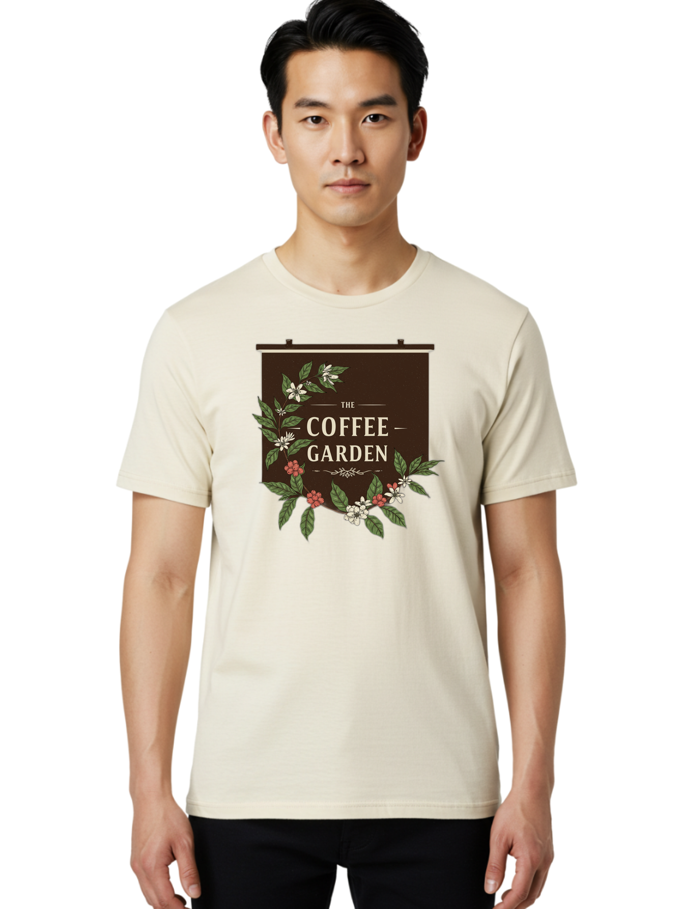 The-Coffee-Garden Men'S Graphic Tee, 100% Cotton, Comfortable Casual Summer Wear, Machine Washable, Coffee Shop Signage, Floral Designs, Vintage Typography, Coffee Culture, Garden Theme, Rustic Charm, Coffeehouse Decor, Inviting Atmosphere, Bab529