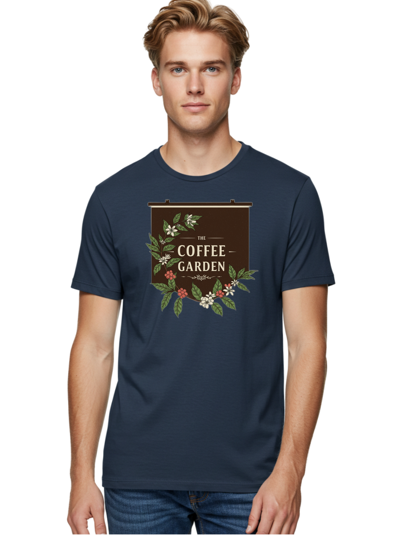 The-Coffee-Garden Men'S Graphic Tee, 100% Cotton, Comfortable Casual Summer Wear, Machine Washable, Coffee Shop Signage, Floral Designs, Vintage Typography, Coffee Culture, Garden Theme, Rustic Charm, Coffeehouse Decor, Inviting Atmosphere, Bab529