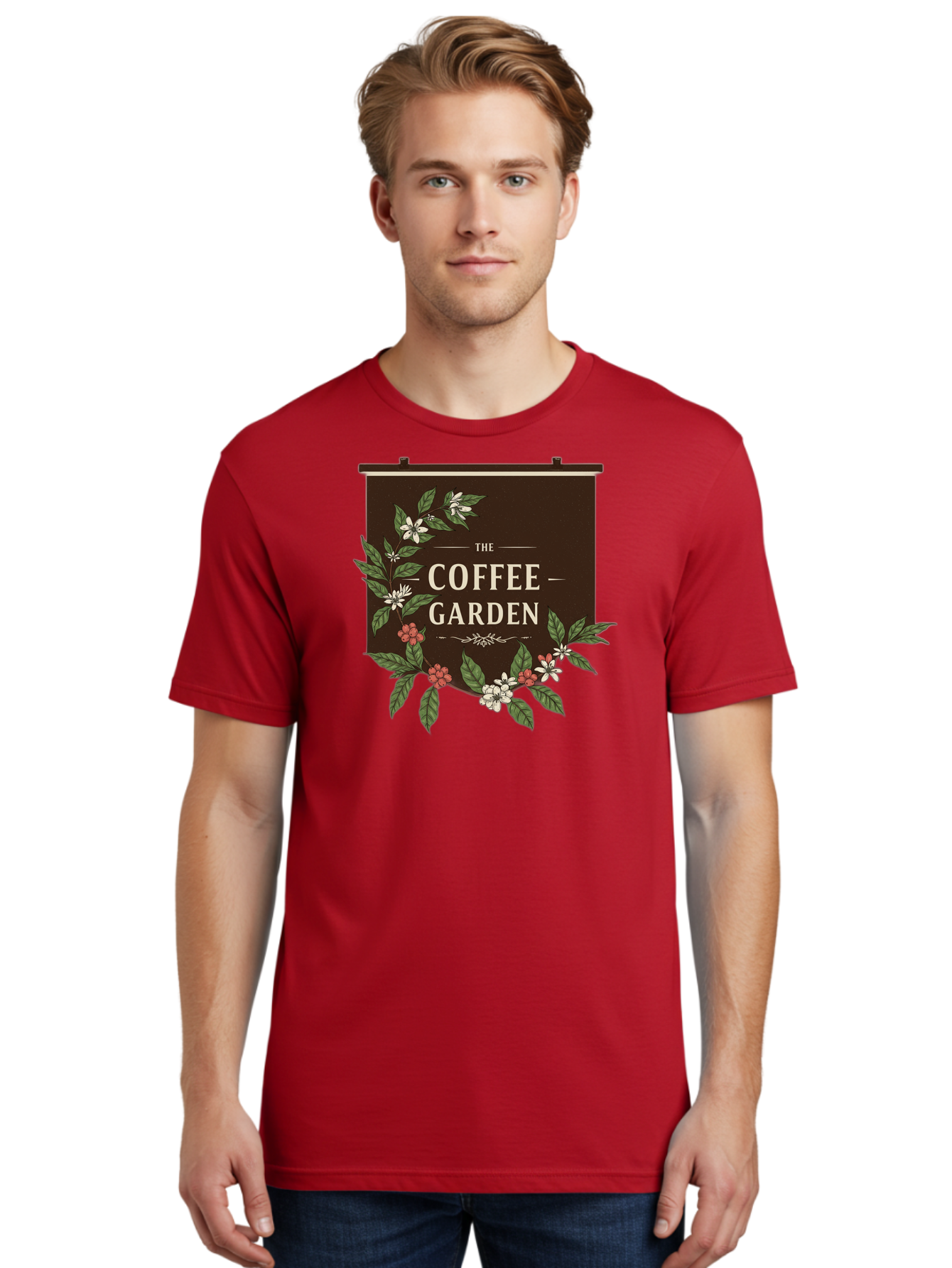 The-Coffee-Garden Men'S Graphic Tee, 100% Cotton, Comfortable Casual Summer Wear, Machine Washable, Coffee Shop Signage, Floral Designs, Vintage Typography, Coffee Culture, Garden Theme, Rustic Charm, Coffeehouse Decor, Inviting Atmosphere, Bab529