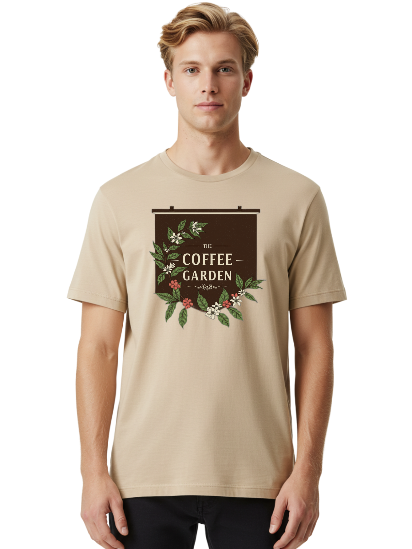The-Coffee-Garden Men'S Graphic Tee, 100% Cotton, Comfortable Casual Summer Wear, Machine Washable, Coffee Shop Signage, Floral Designs, Vintage Typography, Coffee Culture, Garden Theme, Rustic Charm, Coffeehouse Decor, Inviting Atmosphere, Bab529