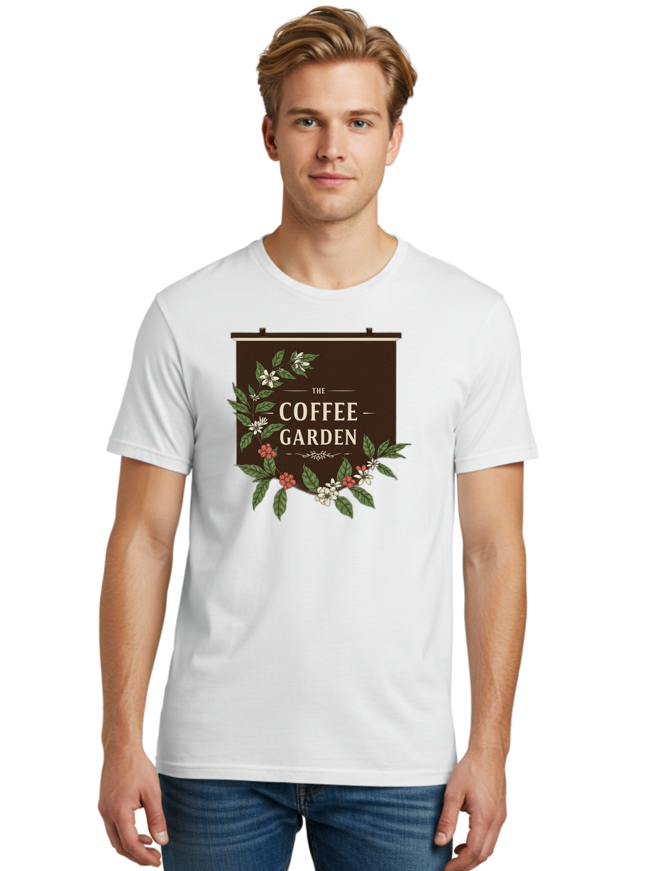 The-Coffee-Garden Men'S Graphic Tee, 100% Cotton, Comfortable Casual Summer Wear, Machine Washable, Coffee Shop Signage, Floral Designs, Vintage Typography, Coffee Culture, Garden Theme, Rustic Charm, Coffeehouse Decor, Inviting Atmosphere, Bab529