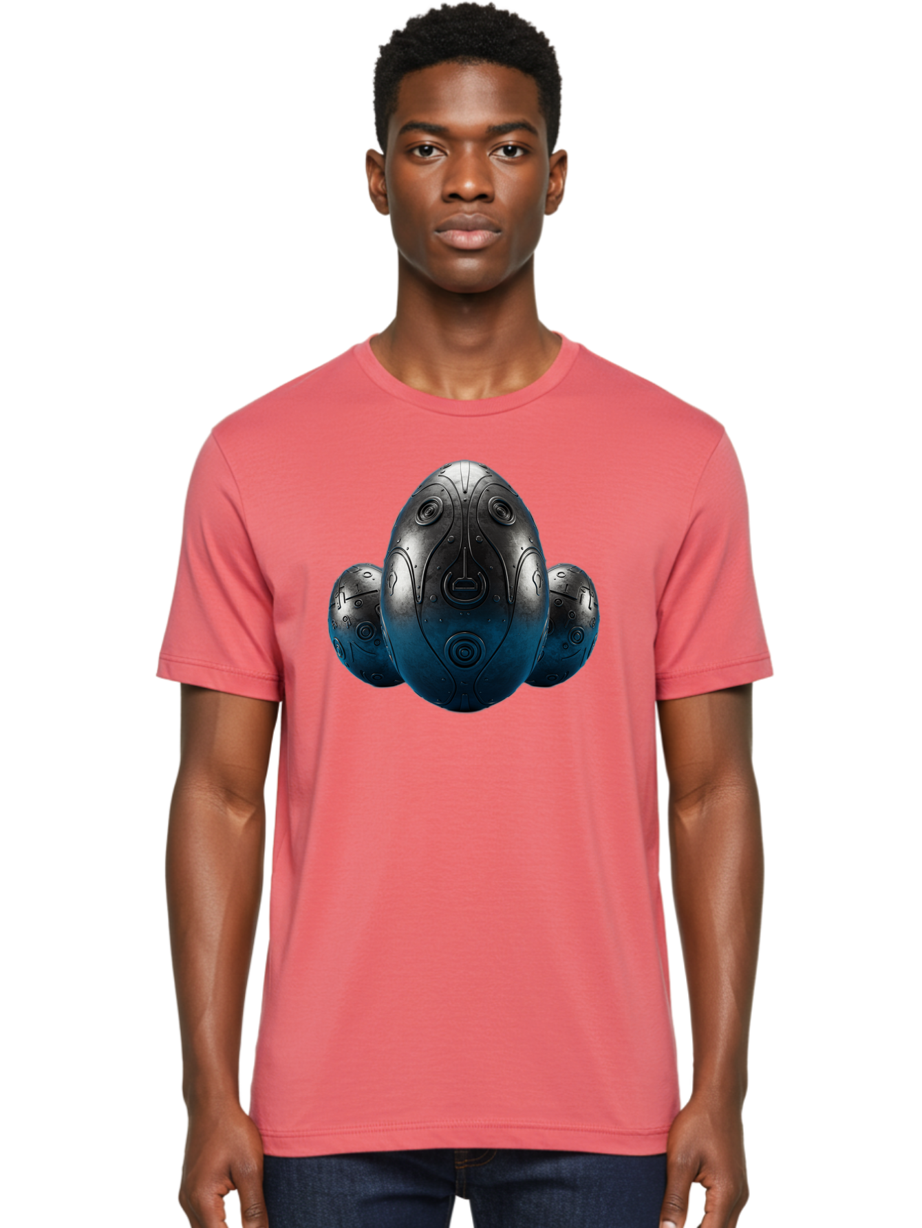 Three-Black-Eggs Men'S Graphic Tee, 100% Cotton, Comfortable Casual Summer Wear, Machine Washable, Futuristic Egg-Shaped Objects, Metallic Surface, Sci-Fi Elements, Egg Designs, Abstract Shapes, Digital Art, Robotic Features Bab531