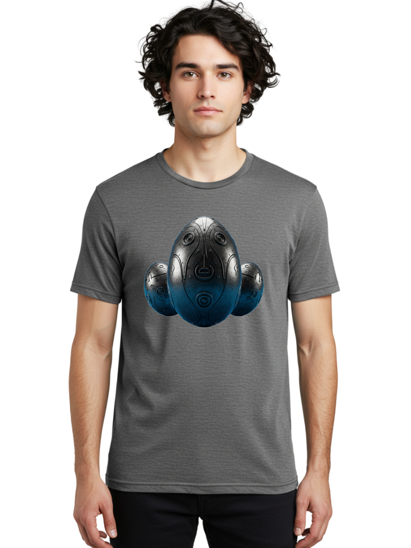 Three-Black-Eggs Men'S Graphic Tee, 100% Cotton, Comfortable Casual Summer Wear, Machine Washable, Futuristic Egg-Shaped Objects, Metallic Surface, Sci-Fi Elements, Egg Designs, Abstract Shapes, Digital Art, Robotic Features Bab531
