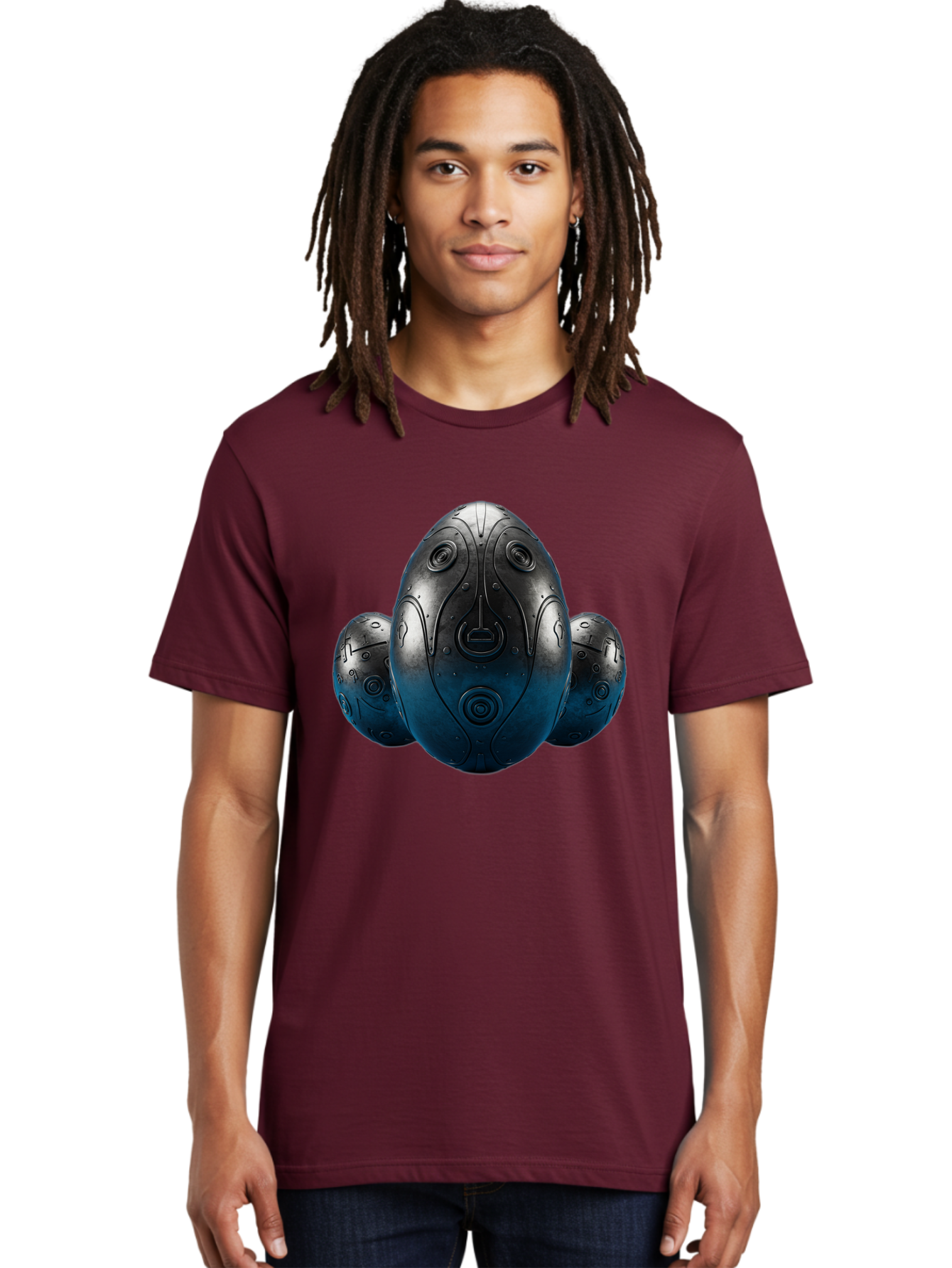 Three-Black-Eggs Men'S Graphic Tee, 100% Cotton, Comfortable Casual Summer Wear, Machine Washable, Futuristic Egg-Shaped Objects, Metallic Surface, Sci-Fi Elements, Egg Designs, Abstract Shapes, Digital Art, Robotic Features Bab531
