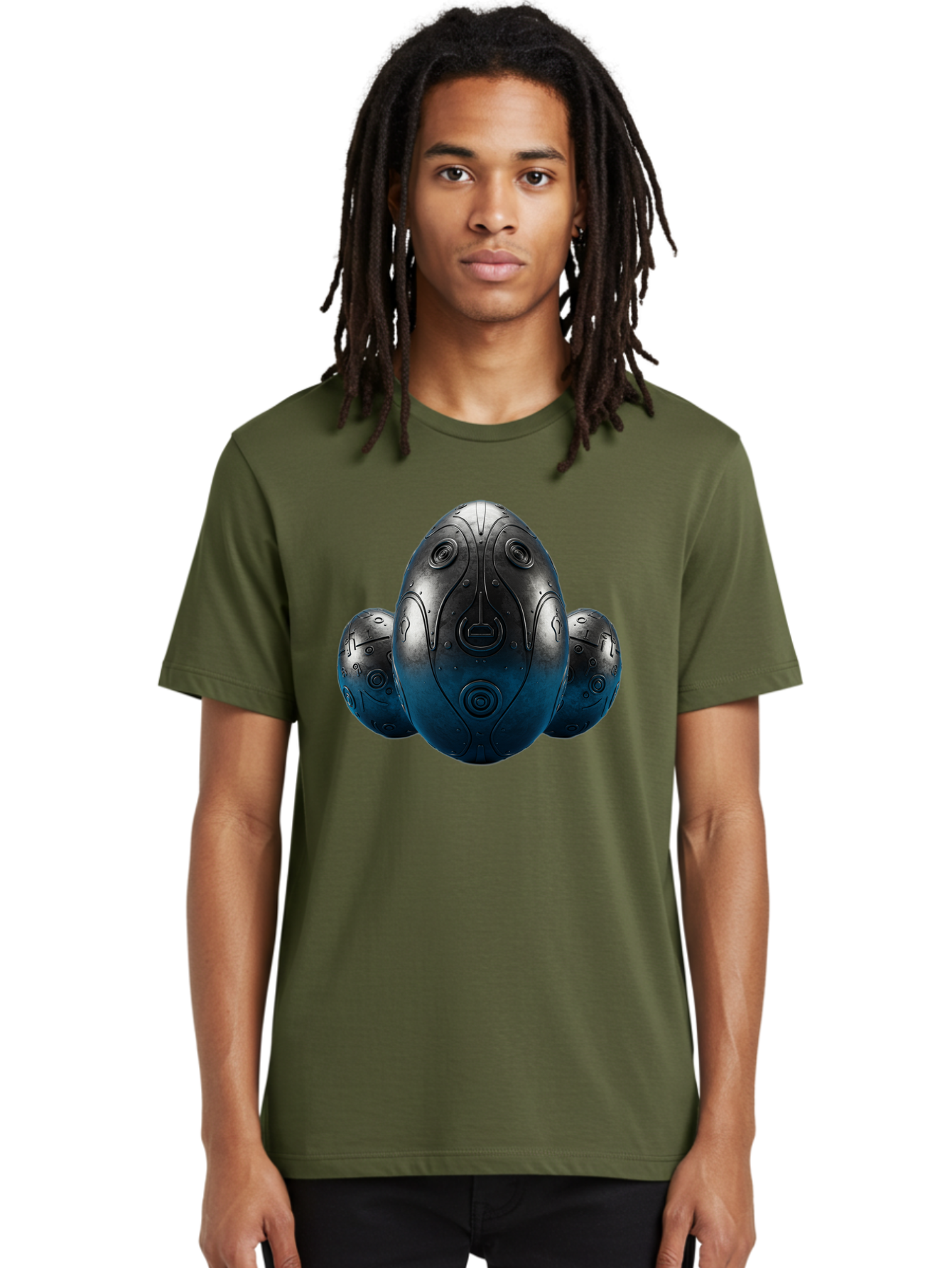 Three-Black-Eggs Men'S Graphic Tee, 100% Cotton, Comfortable Casual Summer Wear, Machine Washable, Futuristic Egg-Shaped Objects, Metallic Surface, Sci-Fi Elements, Egg Designs, Abstract Shapes, Digital Art, Robotic Features Bab531