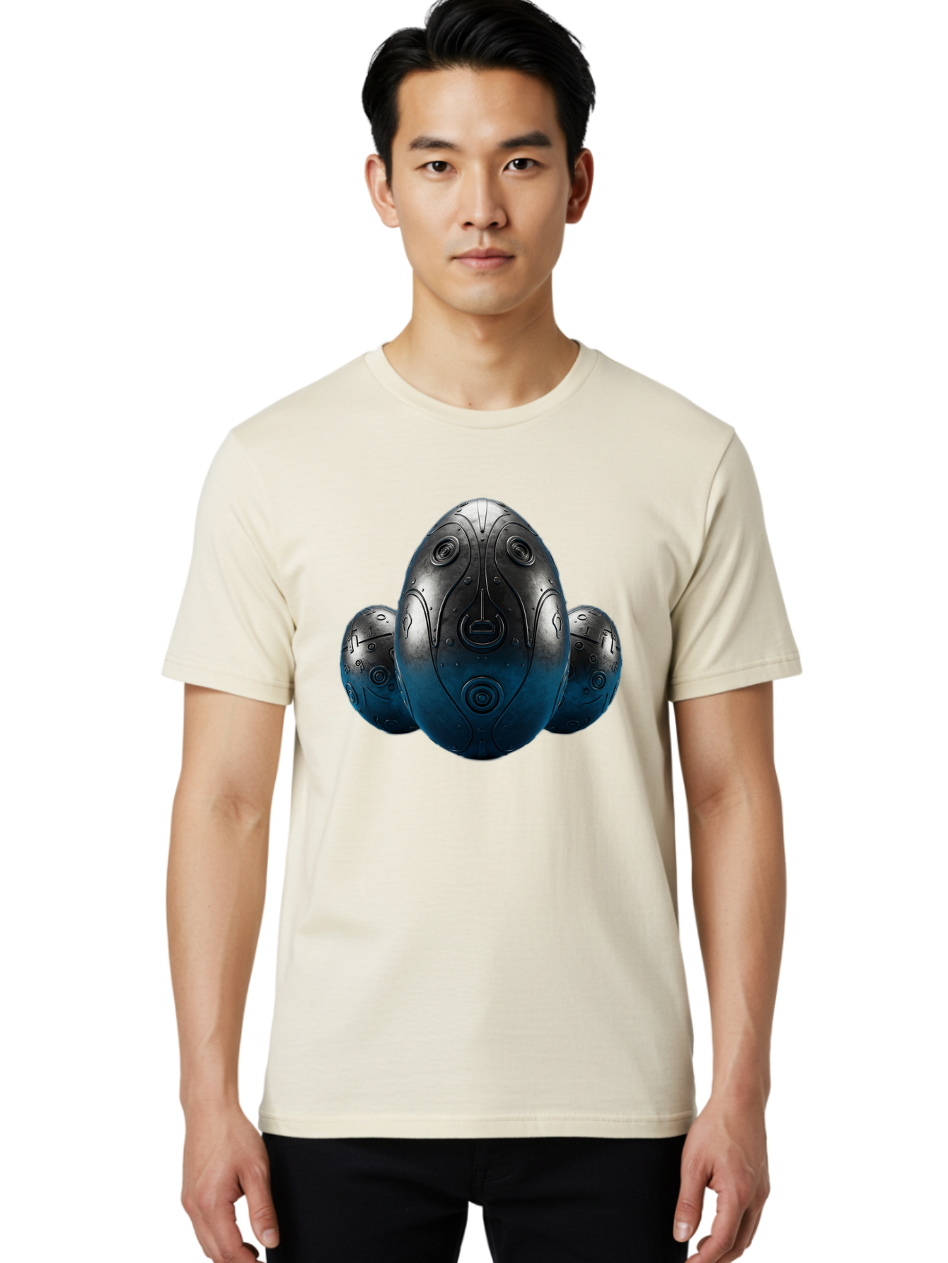 Three-Black-Eggs Men'S Graphic Tee, 100% Cotton, Comfortable Casual Summer Wear, Machine Washable, Futuristic Egg-Shaped Objects, Metallic Surface, Sci-Fi Elements, Egg Designs, Abstract Shapes, Digital Art, Robotic Features Bab531