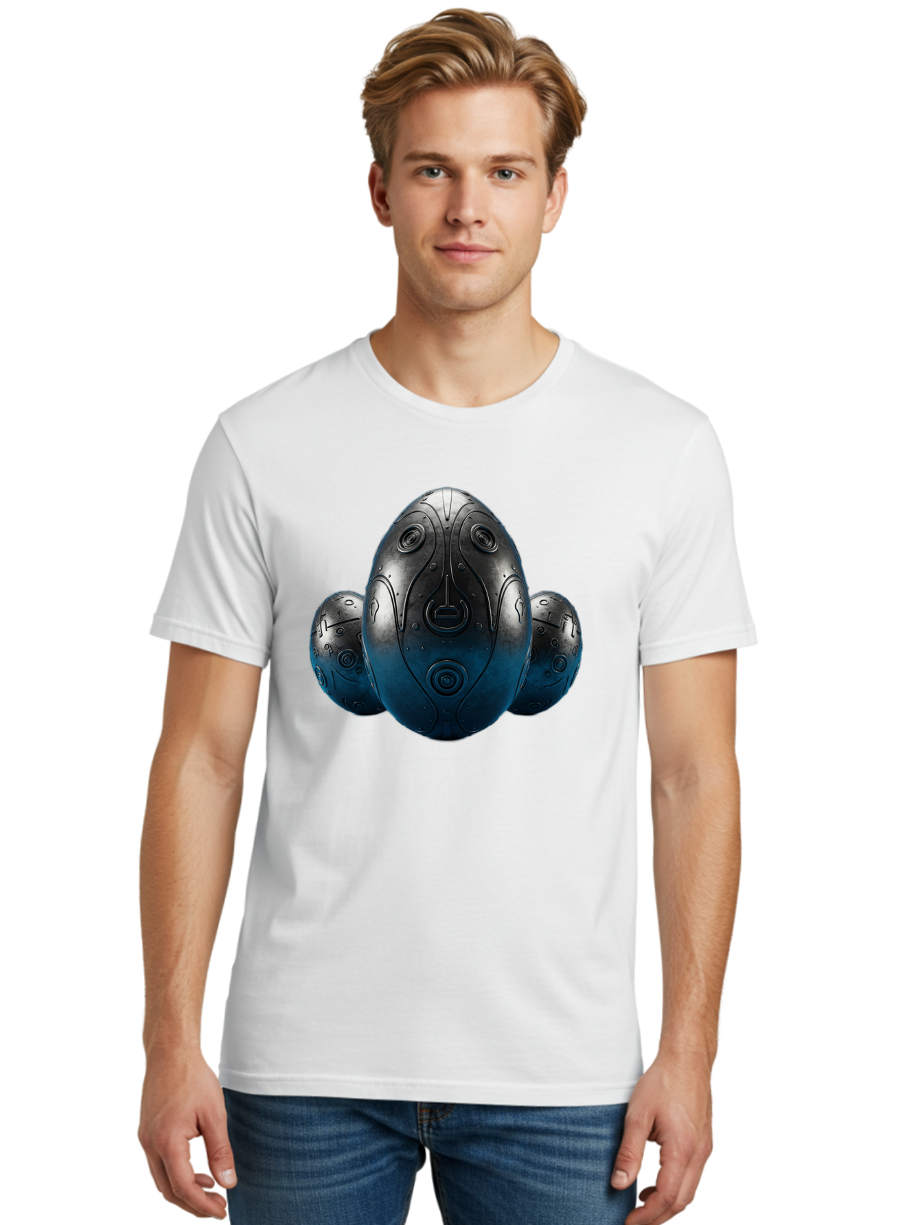 Three-Black-Eggs Men'S Graphic Tee, 100% Cotton, Comfortable Casual Summer Wear, Machine Washable, Futuristic Egg-Shaped Objects, Metallic Surface, Sci-Fi Elements, Egg Designs, Abstract Shapes, Digital Art, Robotic Features Bab531