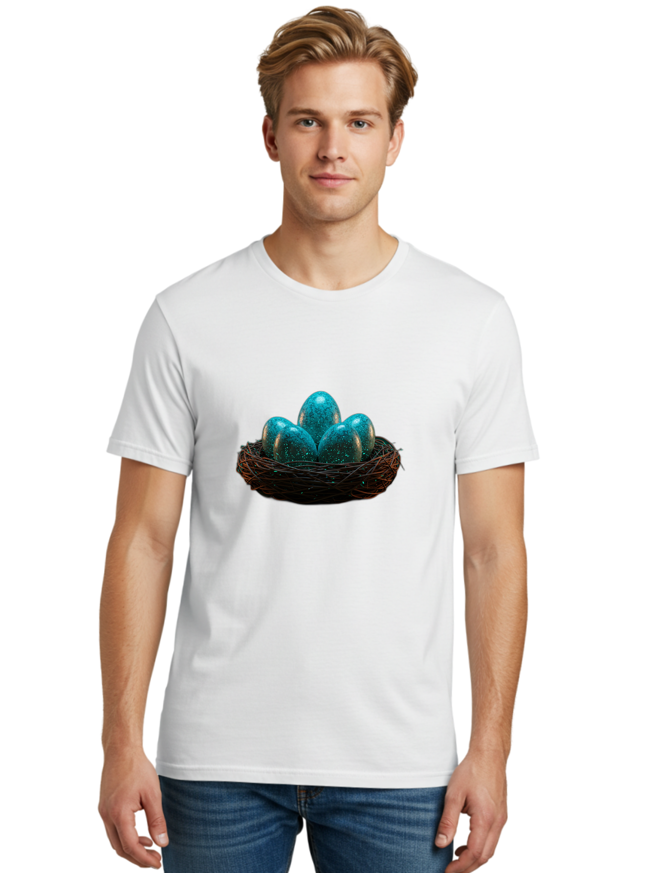 Three-Blue-Eggs-In-A-Nest Men'S Graphic Tee, 100% Cotton, Comfortable Casual Summer Wear, Machine Washable, Blue Eggs, Bird'S Nest, Twig Nest, Speckled Eggs, Shiny Eggs, Natural Elements, Earthy Tones, Symbolic Eggs, Decorative Nest Bab532
