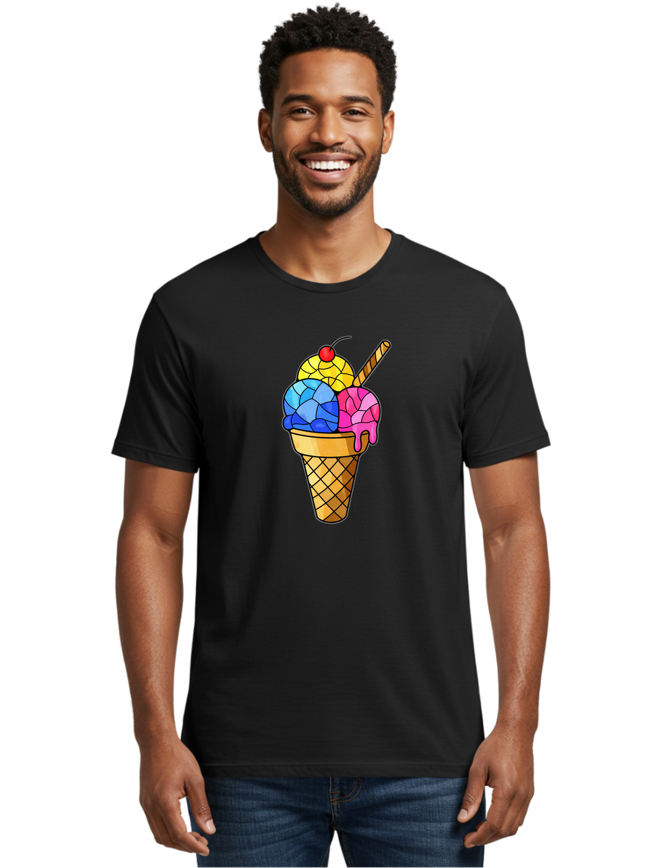 Three-Scoop-Ice-Cream Men'S Graphic Tee, 100% Cotton, Comfortable Casual Summer Wear, Machine Washable, Ice Cream Cone, Three Scoops, Colorful Dessert, Waffle Cone, Wafer Stick, Cherry On Top, Sweet Treat, Colorful Ice Cream Bab533