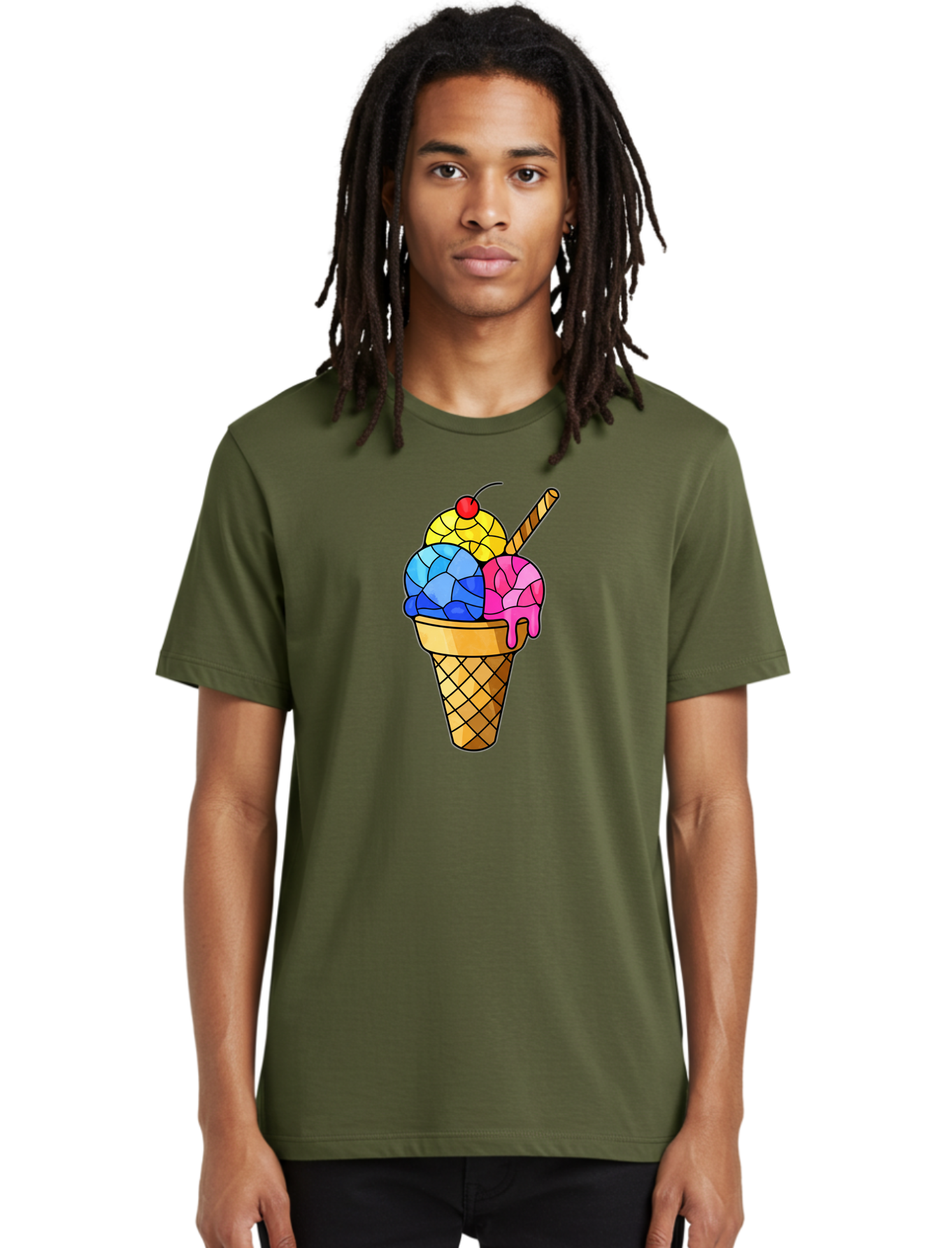 Three-Scoop-Ice-Cream Men'S Graphic Tee, 100% Cotton, Comfortable Casual Summer Wear, Machine Washable, Ice Cream Cone, Three Scoops, Colorful Dessert, Waffle Cone, Wafer Stick, Cherry On Top, Sweet Treat, Colorful Ice Cream Bab533