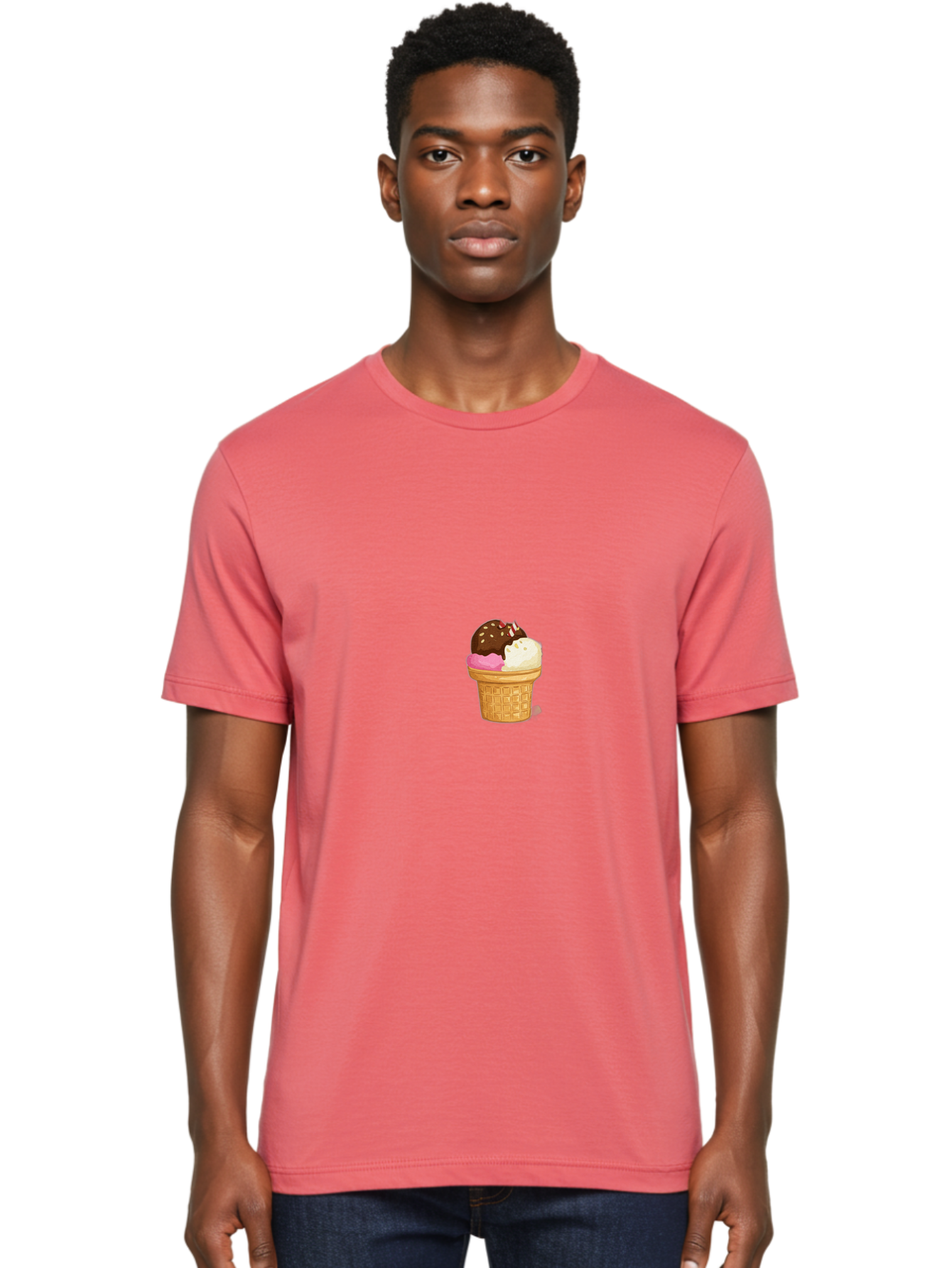 Three-Scoops-Ice-Cream Men'S Graphic Tee, 100% Cotton, Comfortable Casual Summer Wear, Machine Washable, Triple Scoop Ice Cream, Chocolate Ice Cream, Strawberry Ice Cream, Vanilla Ice Cream, Ice Cream Cone, Sweet Treats, Dessert, Bab535
