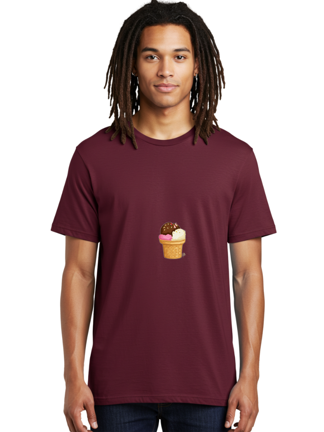 Three-Scoops-Ice-Cream Men'S Graphic Tee, 100% Cotton, Comfortable Casual Summer Wear, Machine Washable, Triple Scoop Ice Cream, Chocolate Ice Cream, Strawberry Ice Cream, Vanilla Ice Cream, Ice Cream Cone, Sweet Treats, Dessert, Bab535