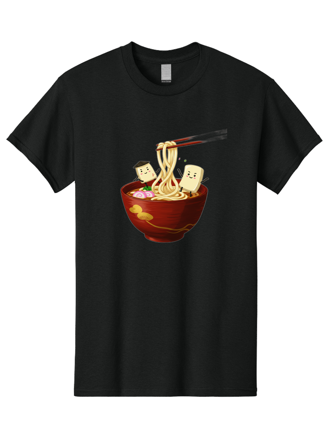 Tofu-And-Noodles Men'S Graphic Tee, 100% Cotton, Comfortable Casual Summer Wear, Machine Washable, Cartoon Tofu, Ramen Noodles, Chopsticks, Food Illustration, Japanese Cuisine, Animated Characters, Funny Scene, Noodle Bowl, Cartoon Food, Bab539