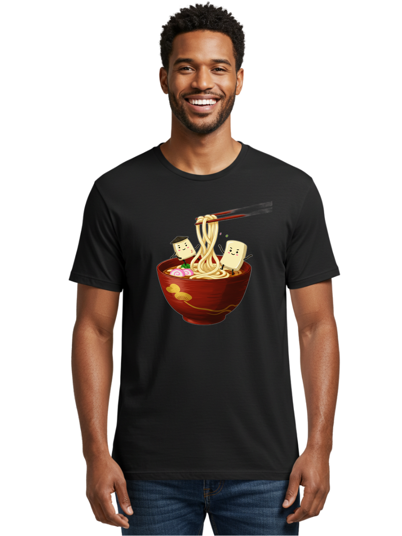 Tofu-And-Noodles Men'S Graphic Tee, 100% Cotton, Comfortable Casual Summer Wear, Machine Washable, Cartoon Tofu, Ramen Noodles, Chopsticks, Food Illustration, Japanese Cuisine, Animated Characters, Funny Scene, Noodle Bowl, Cartoon Food, Bab539
