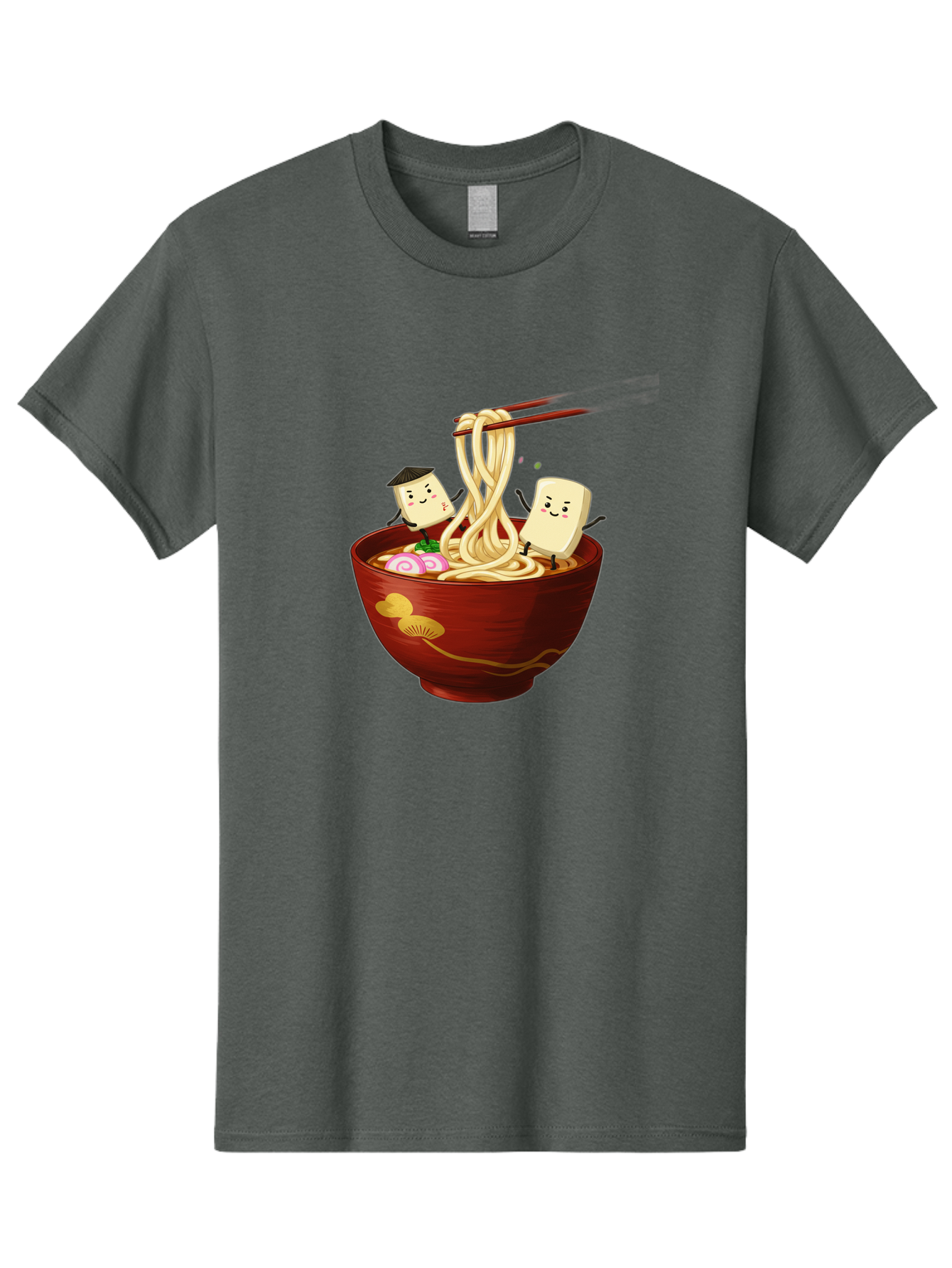Tofu-And-Noodles Men'S Graphic Tee, 100% Cotton, Comfortable Casual Summer Wear, Machine Washable, Cartoon Tofu, Ramen Noodles, Chopsticks, Food Illustration, Japanese Cuisine, Animated Characters, Funny Scene, Noodle Bowl, Cartoon Food, Bab539