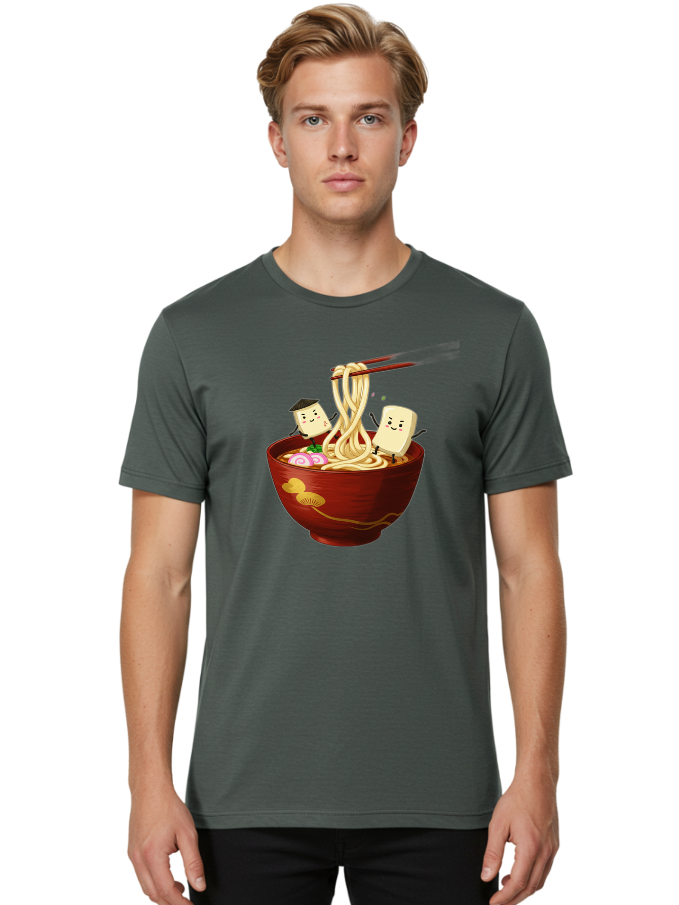 Tofu-And-Noodles Men'S Graphic Tee, 100% Cotton, Comfortable Casual Summer Wear, Machine Washable, Cartoon Tofu, Ramen Noodles, Chopsticks, Food Illustration, Japanese Cuisine, Animated Characters, Funny Scene, Noodle Bowl, Cartoon Food, Bab539