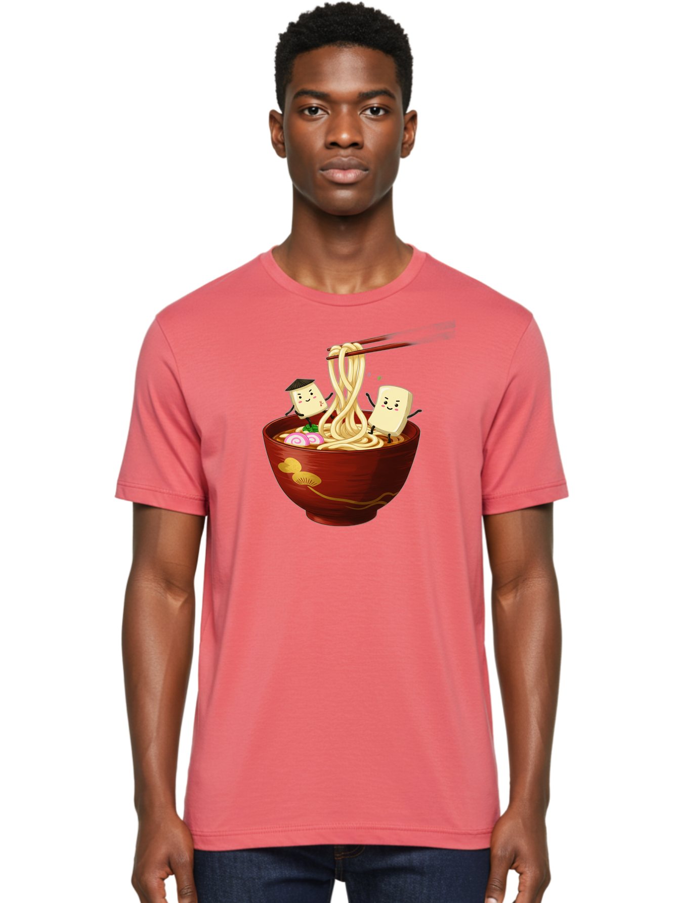 Tofu-And-Noodles Men'S Graphic Tee, 100% Cotton, Comfortable Casual Summer Wear, Machine Washable, Cartoon Tofu, Ramen Noodles, Chopsticks, Food Illustration, Japanese Cuisine, Animated Characters, Funny Scene, Noodle Bowl, Cartoon Food, Bab539