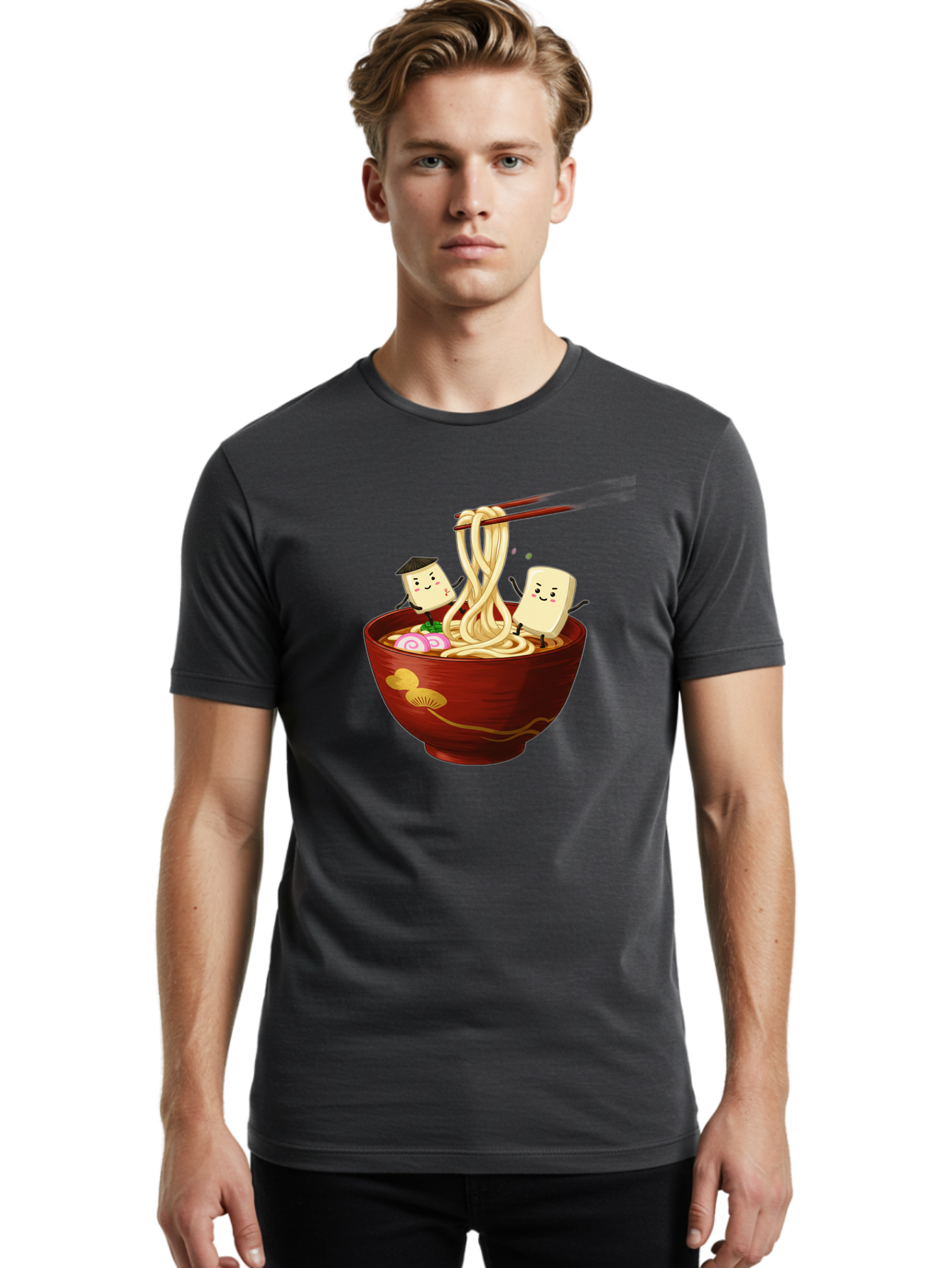 Tofu-And-Noodles Men'S Graphic Tee, 100% Cotton, Comfortable Casual Summer Wear, Machine Washable, Cartoon Tofu, Ramen Noodles, Chopsticks, Food Illustration, Japanese Cuisine, Animated Characters, Funny Scene, Noodle Bowl, Cartoon Food, Bab539